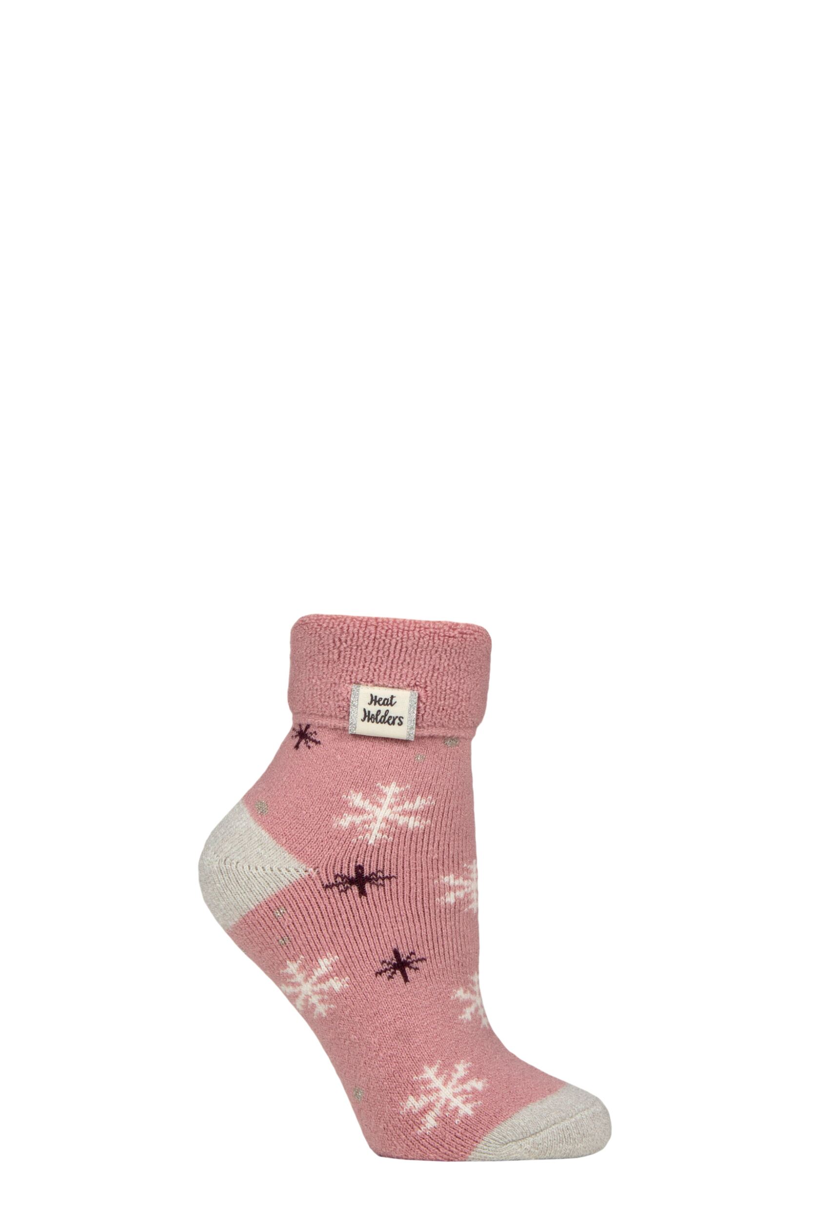 Women's 1 Pair SOCKSHOP Heat Holders Turn Over Cuff Sleep Lite Socks Snowflake Rose Blush 4-8