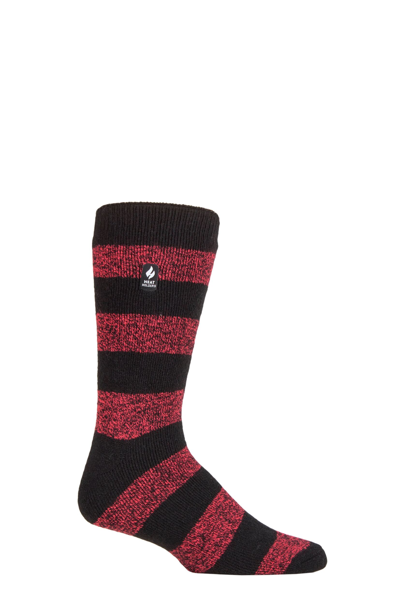 Mens 1 Pair SOCKSHOP Heat Holders 1.6 TOG Lite Striped, Patterned & Argyle Socks Izmir Chunky Stripe Black / Red 6-11 Mens