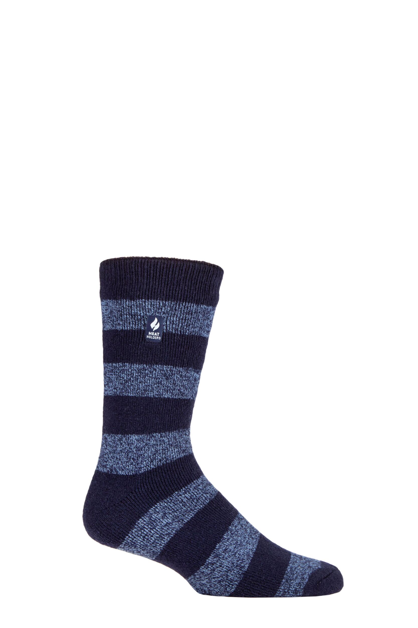Image of Mens 1 Pair SOCKSHOP Heat Holders 1.6 TOG Lite Striped, Patterned & Argyle Socks Izmir Chunky Stripe Navy 6-11 Mens