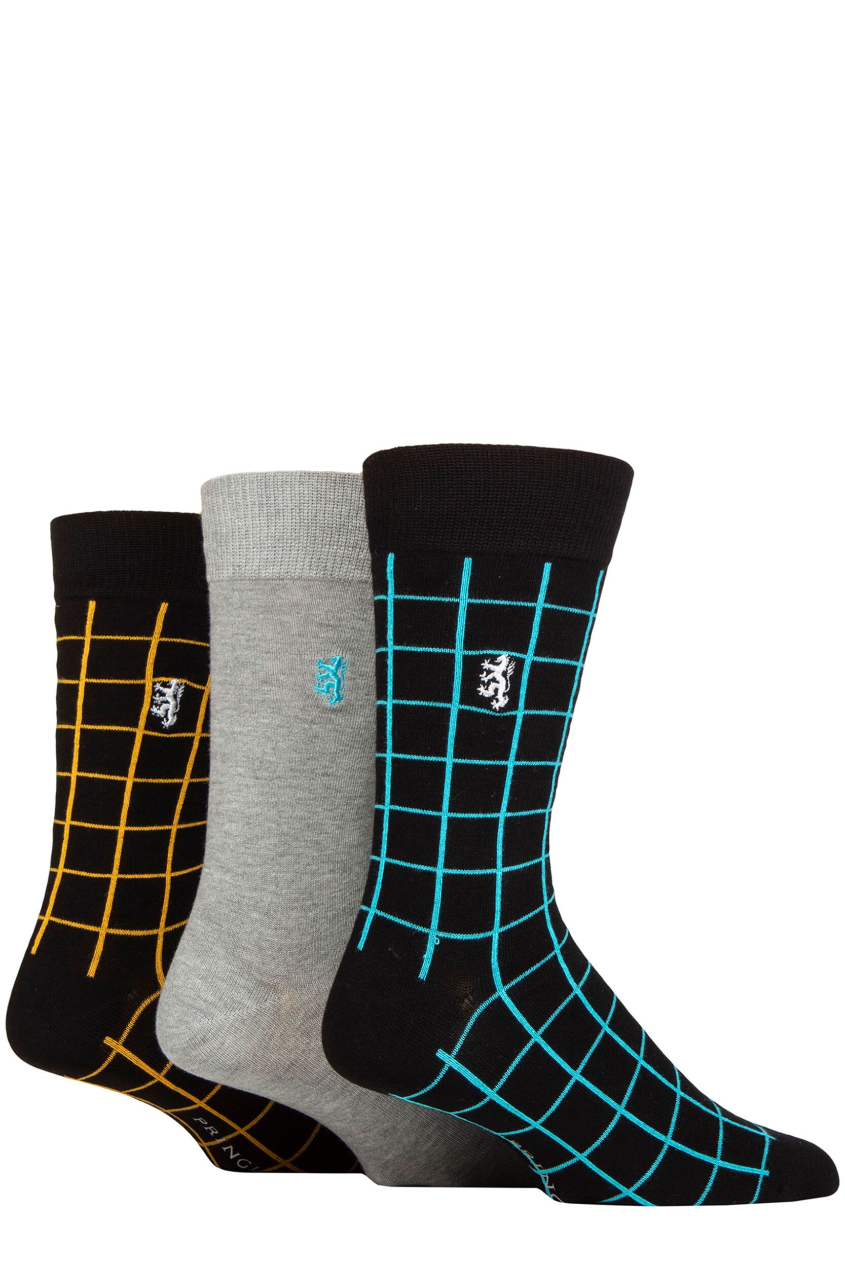 Mens 3 Pair Pringle Black Label Bamboo Patterned, Argyle and Striped Socks Square Grid Black 7-11