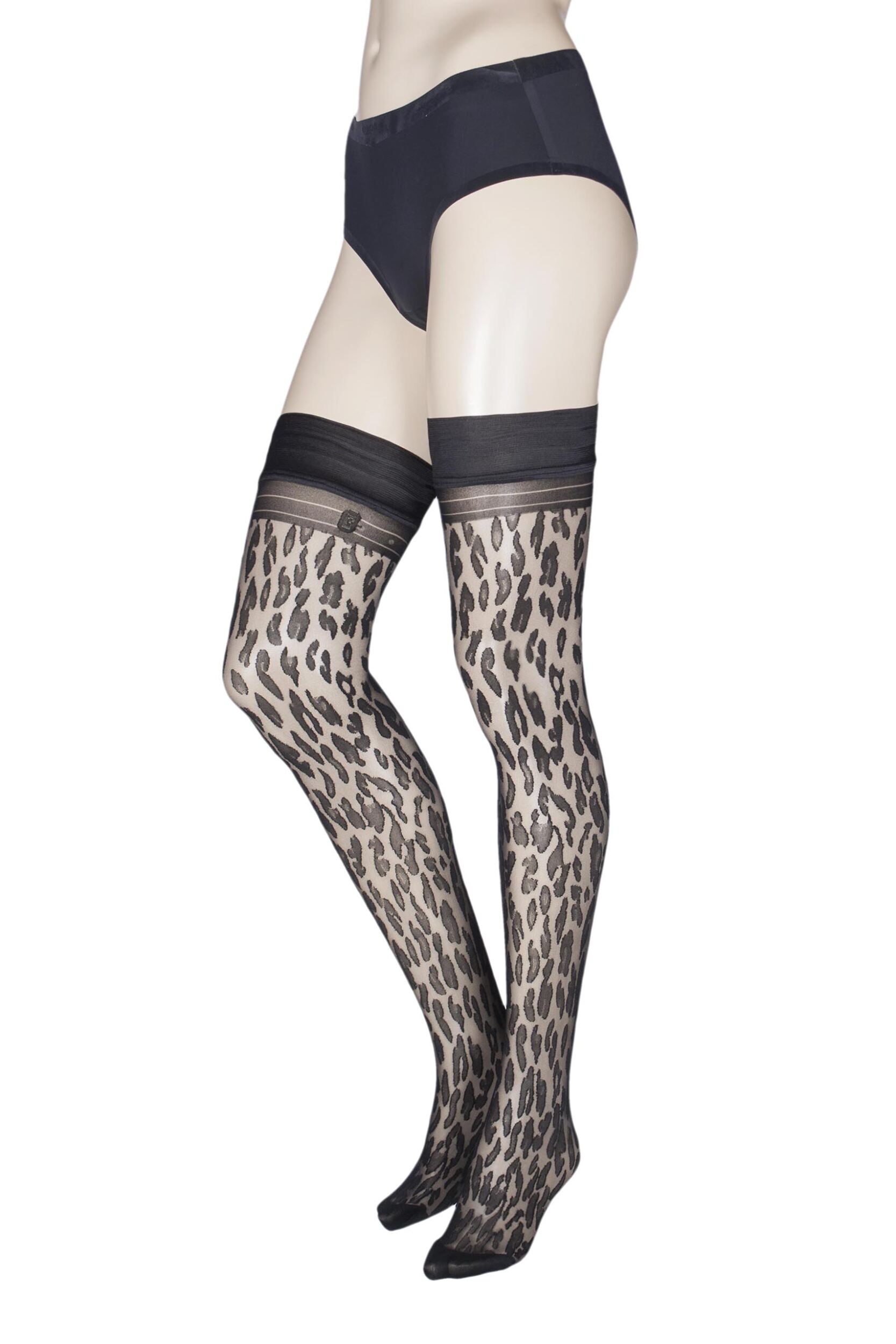 Image of Pair Black Malvasia Animal Print Sheer Hold Ups Ladies Large/Extra Large - Trasparenze