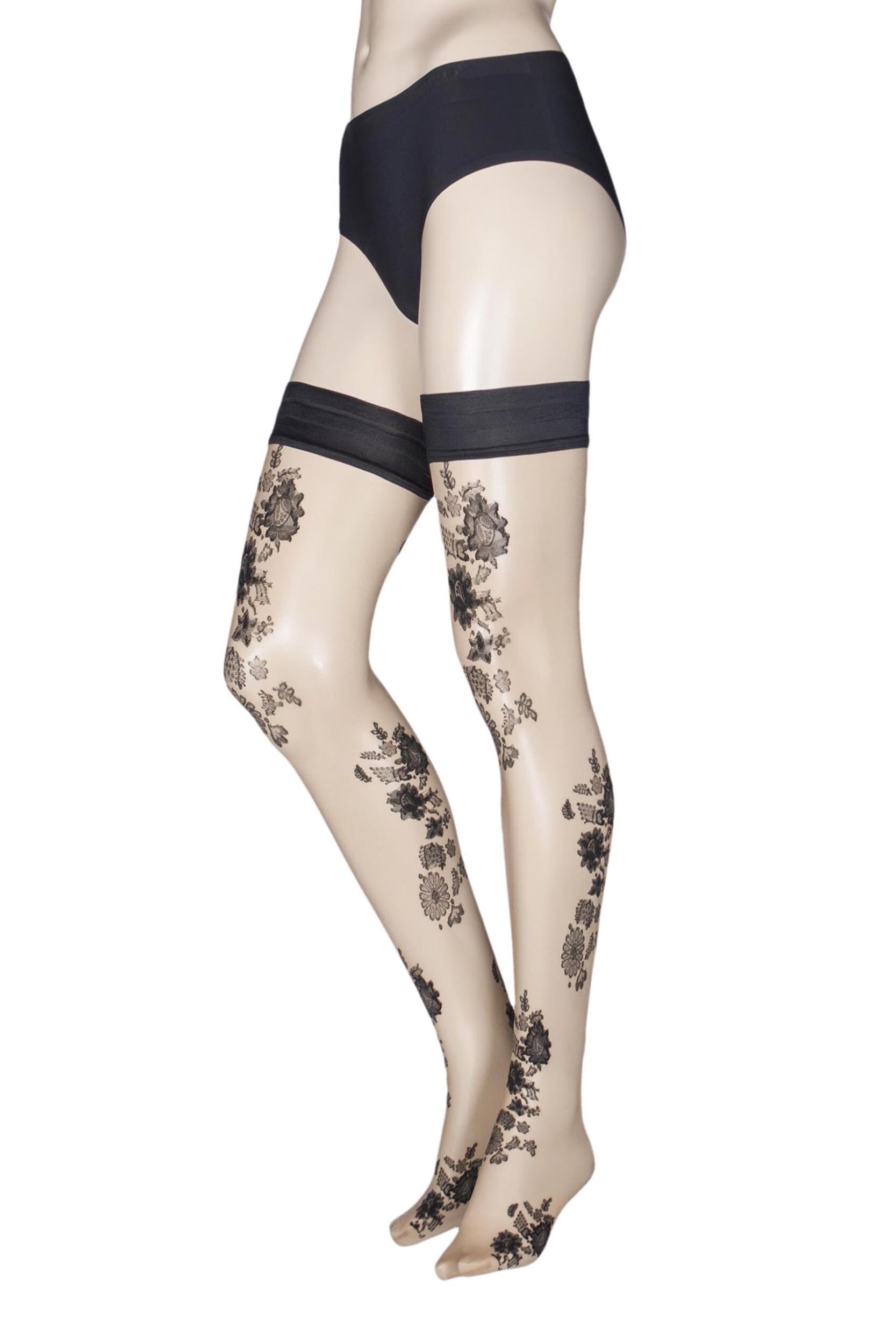 Image of Pair Cosmetic Mandarino Floral Hold Ups Ladies Small/Medium - Trasparenze