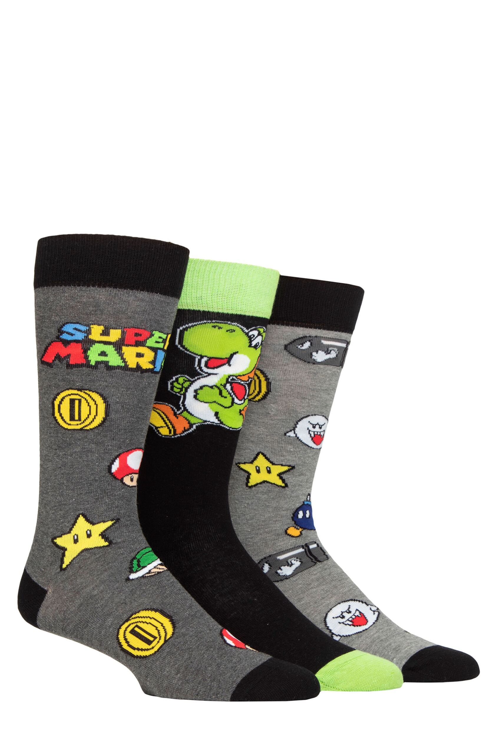Mens Women's and Kids SOCKSHOP 3 Pair Super Mario Enemies, Power Ups and Yoshi Cotton Socks Multi 4-7 Ladies