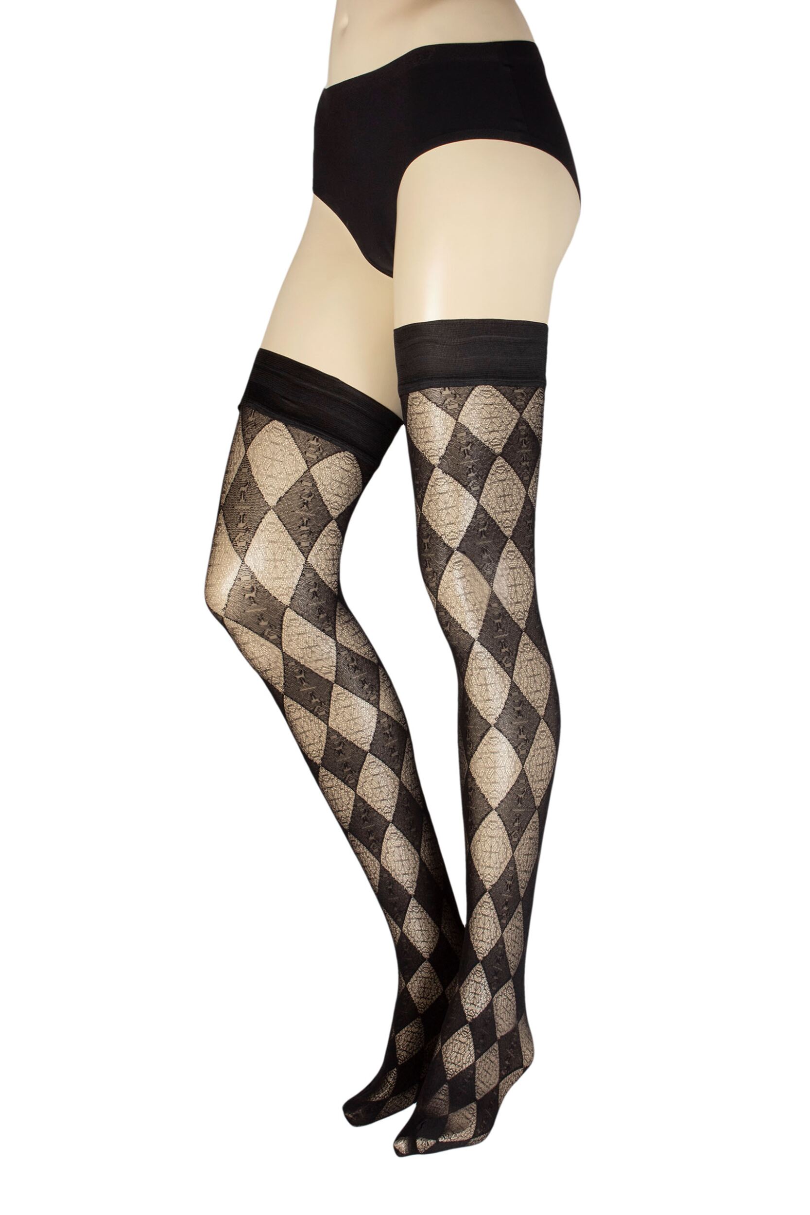 Ladies 1 Pair Trasparenze Marjoram Diamond Patterned Hold Ups Black Large / Extra Large