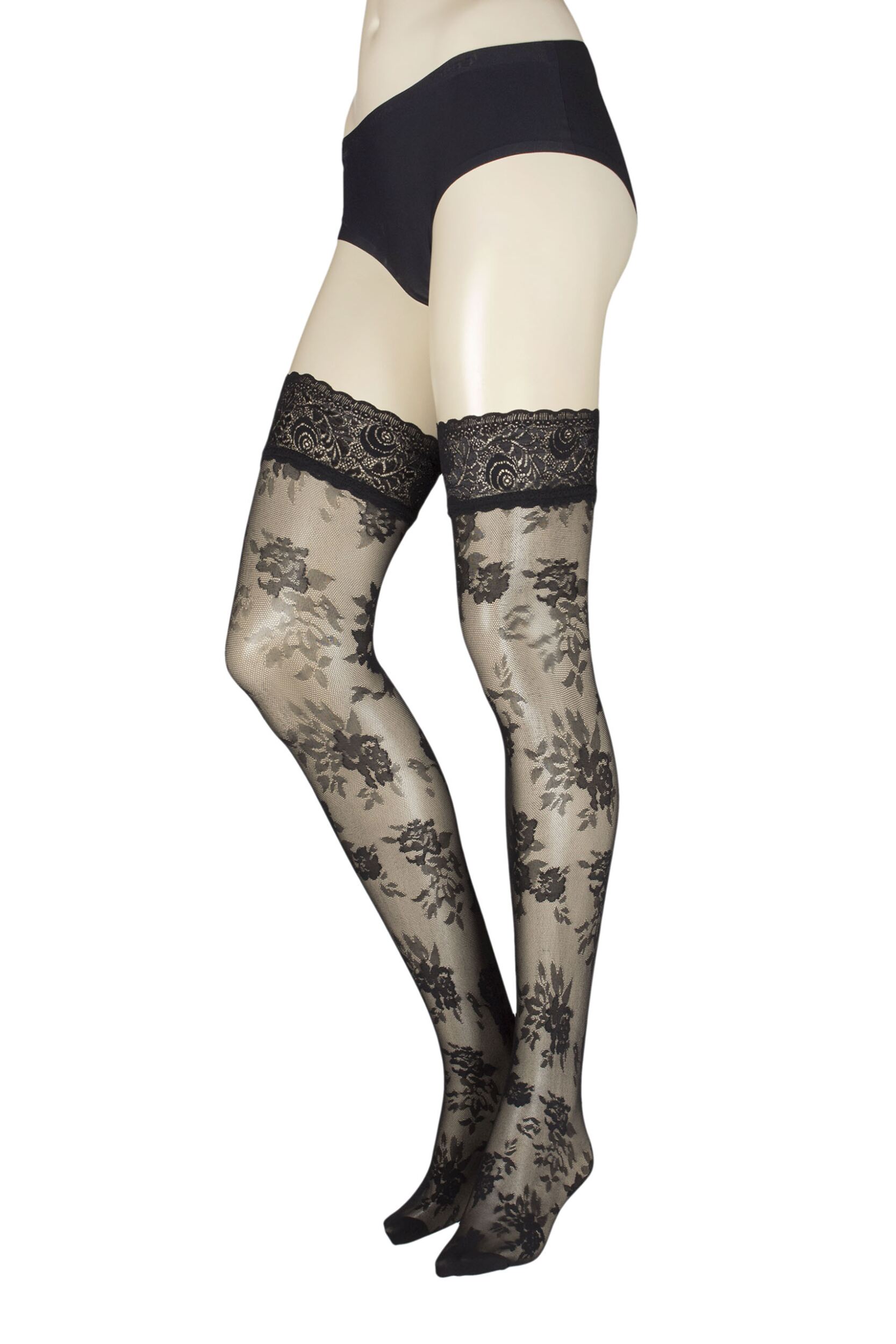 Image of Ladies  Pair Trasperenze Musa Floral Hold Ups Black Small / Medium
