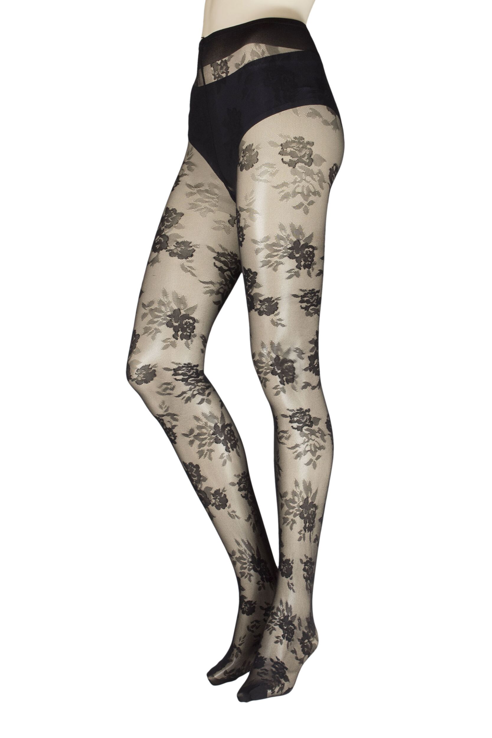 Image of Ladies  Pair Trasperenze Musa Floral Tights Black Small