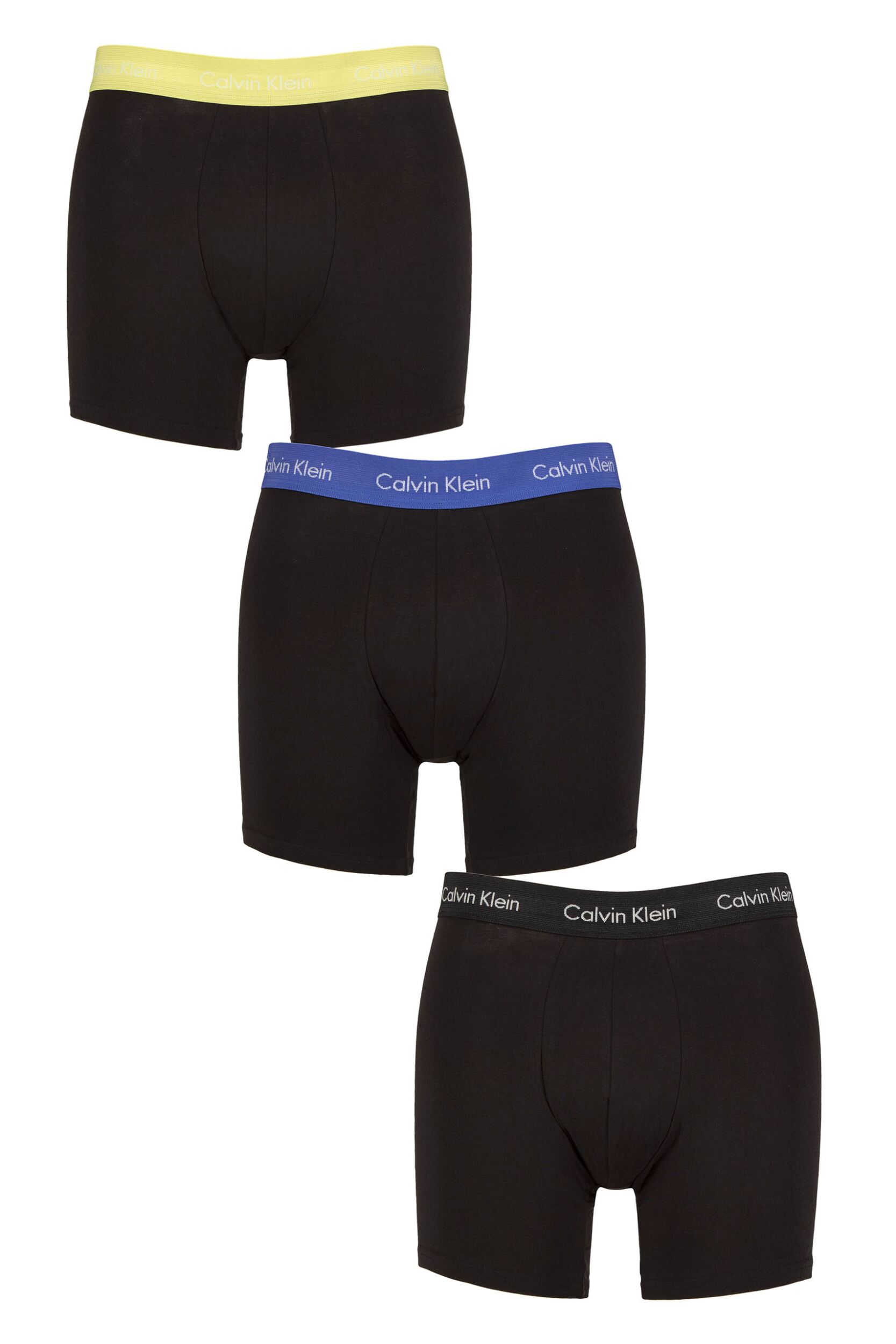 Image of Mens 3 Pack Calvin Klein Cotton Stretch Longer Leg Trunks Black / Green Bloom S