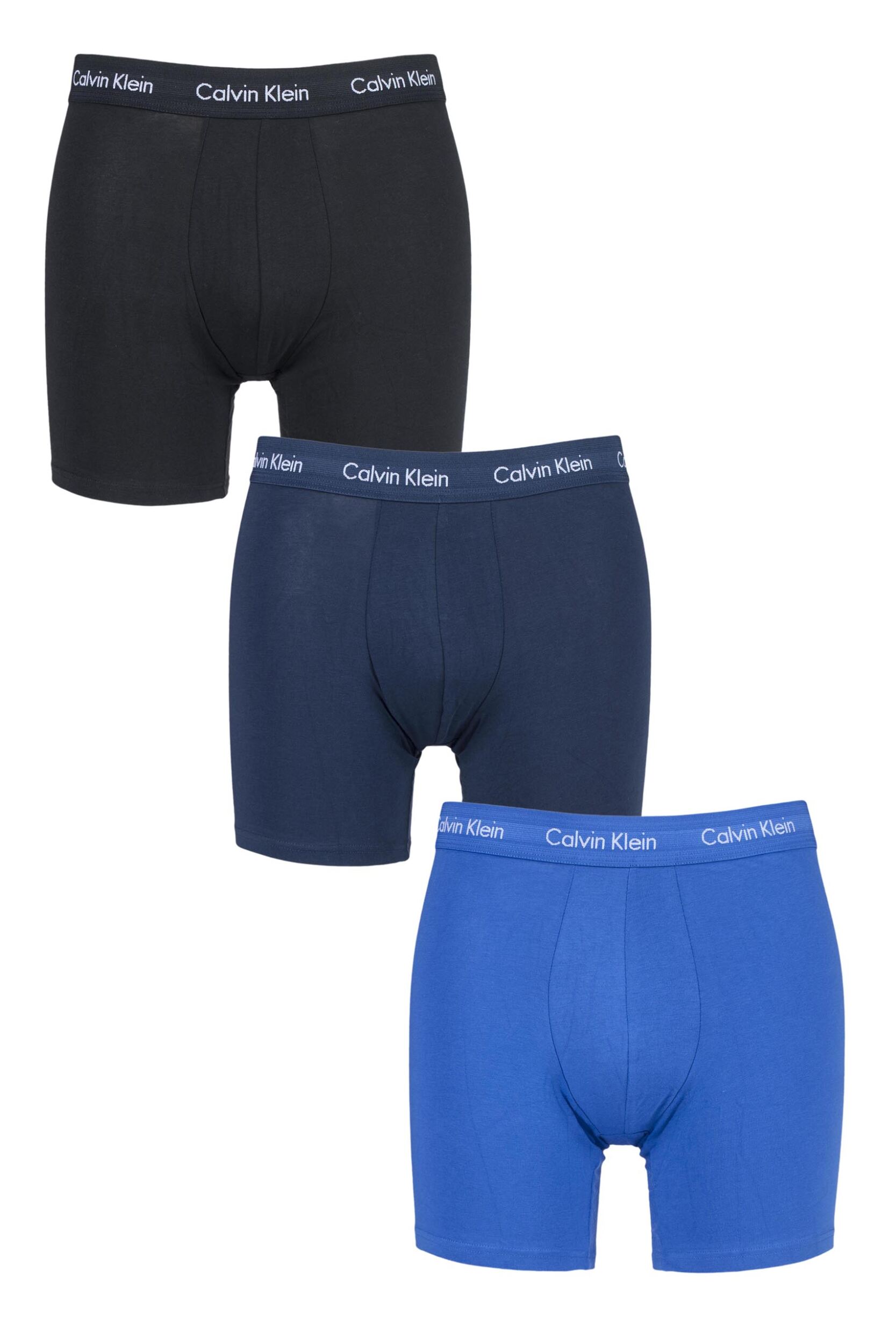 Mens 3 Pack Calvin Klein Cotton Stretch Longer Leg Trunks Black / Blue / Cobalt S