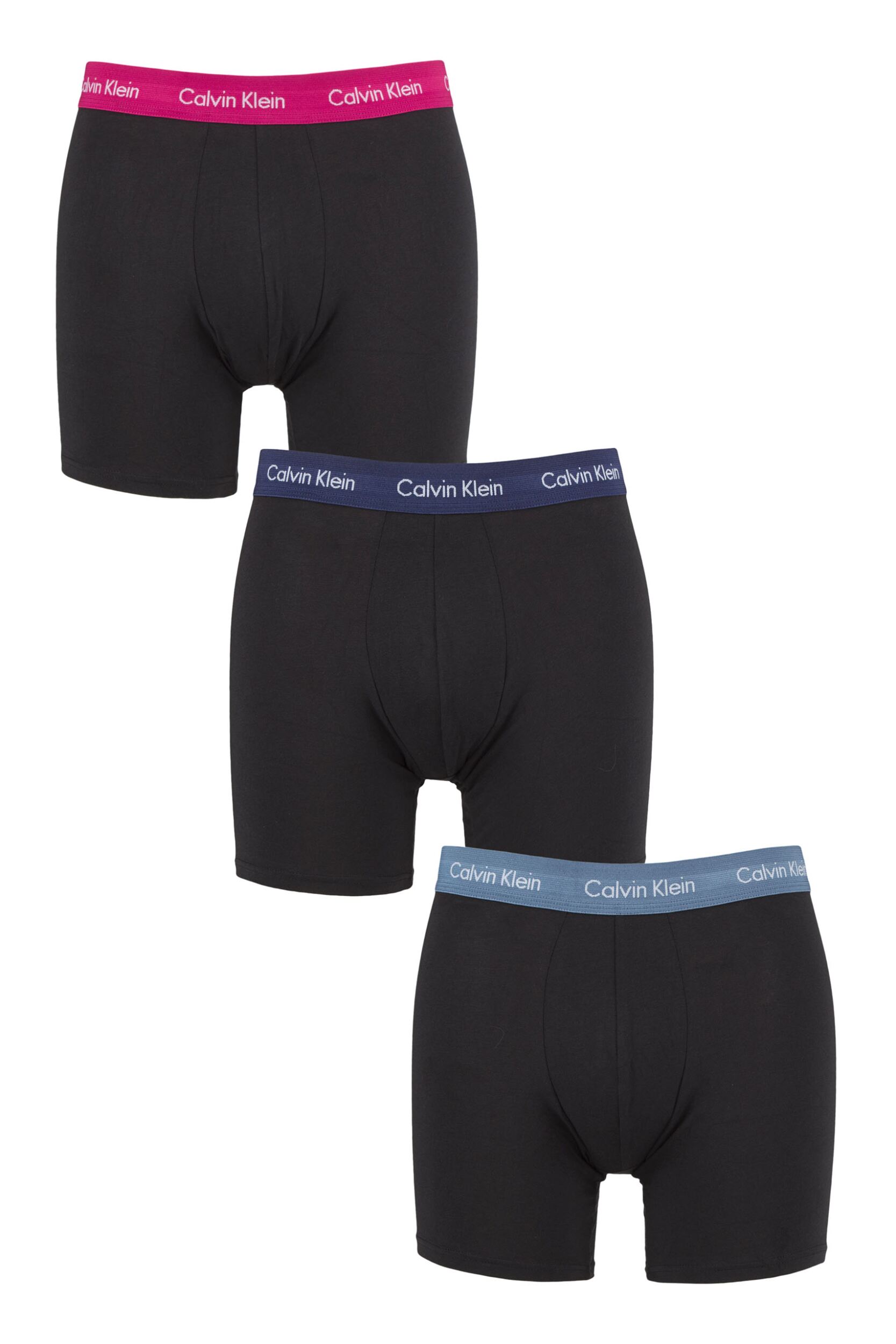 Mens 3 Pack Calvin Klein Cotton Stretch Longer Leg Trunks Plumberry / Chino Blue / Riverbed Extra Small
