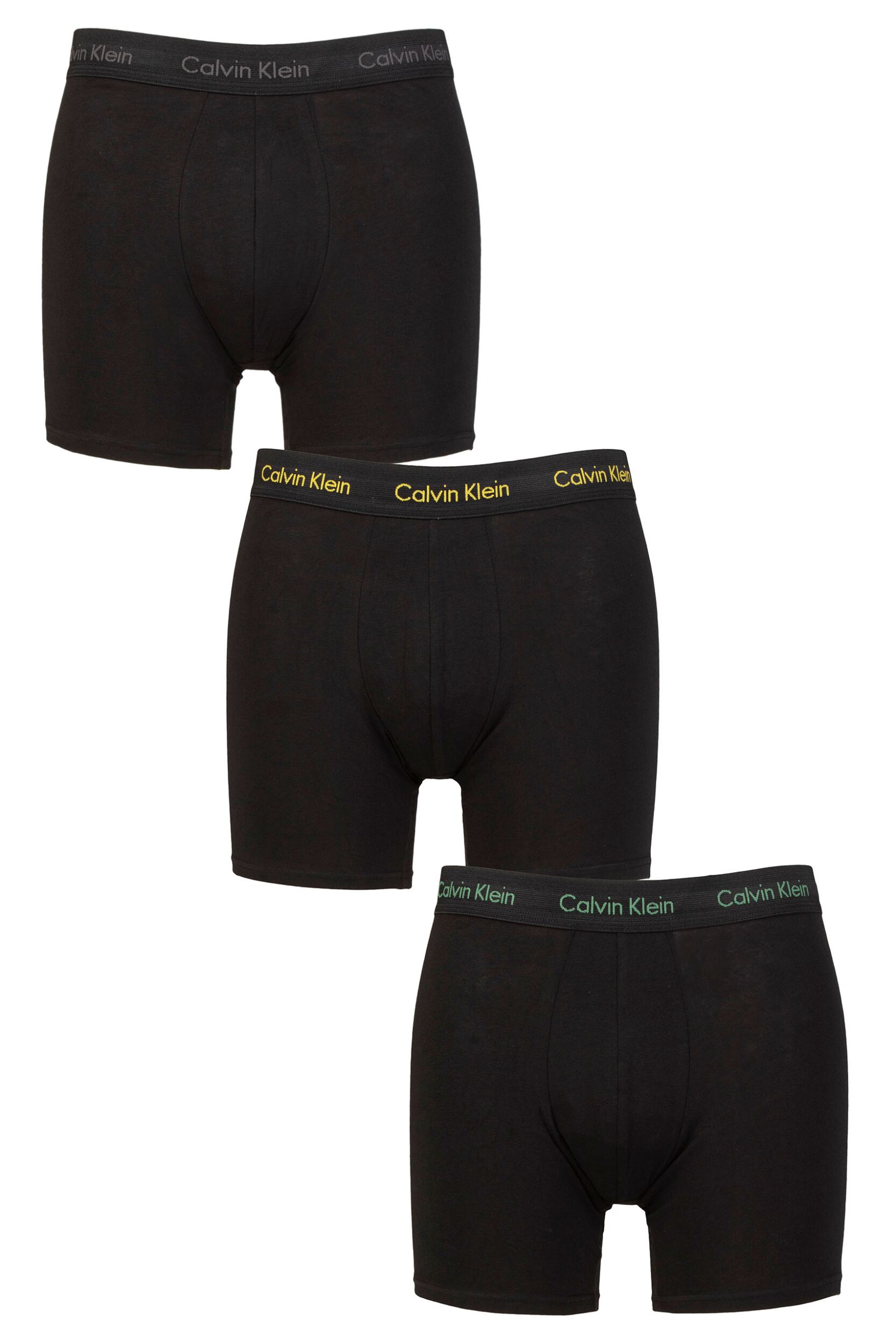 Mens 3 Pack Calvin Klein Cotton Stretch Longer Leg Trunks Charcoal Heather / Yellow / Green S