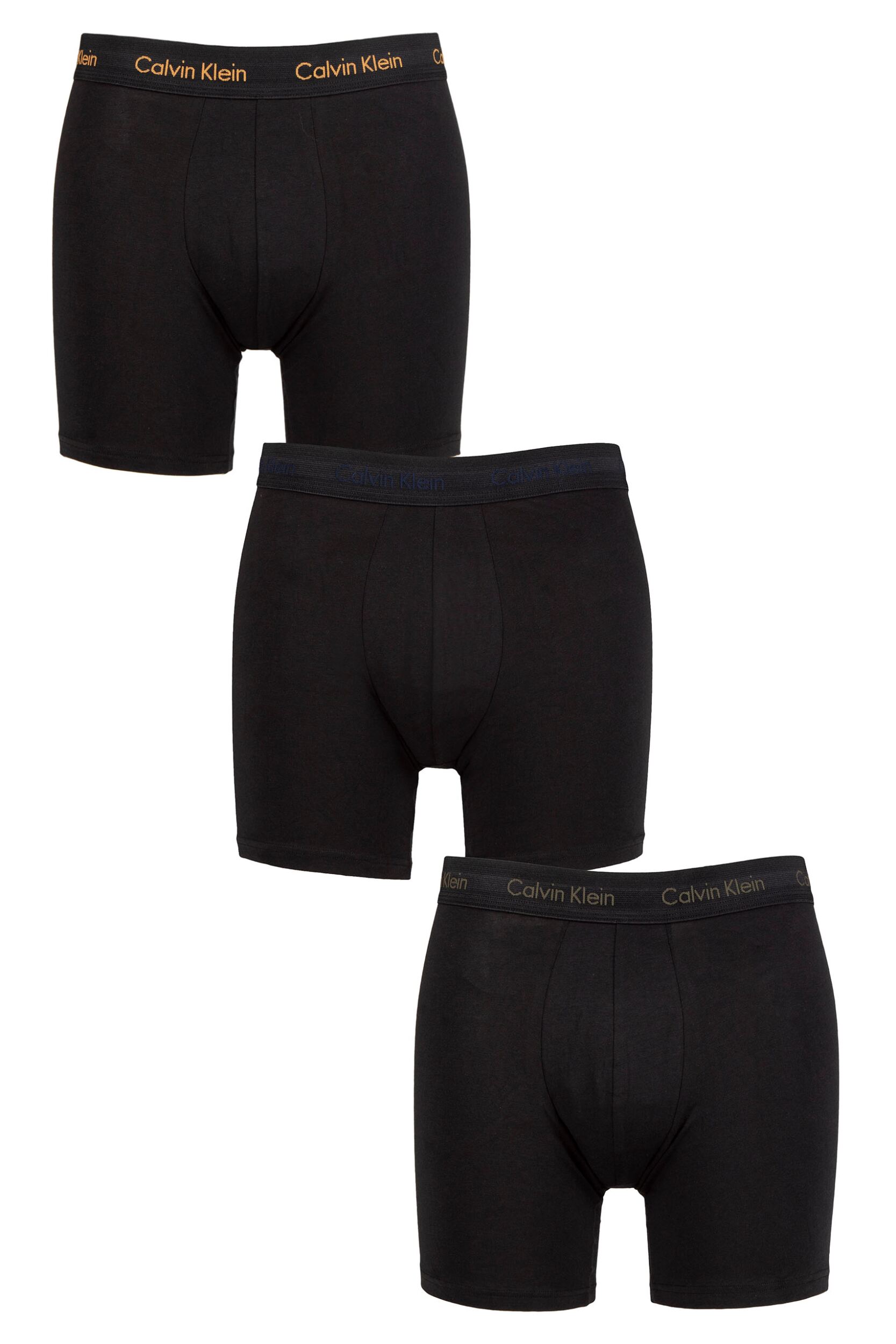 Mens 3 Pack Calvin Klein Cotton Stretch Longer Leg Trunks Black / Blue Shadow S
