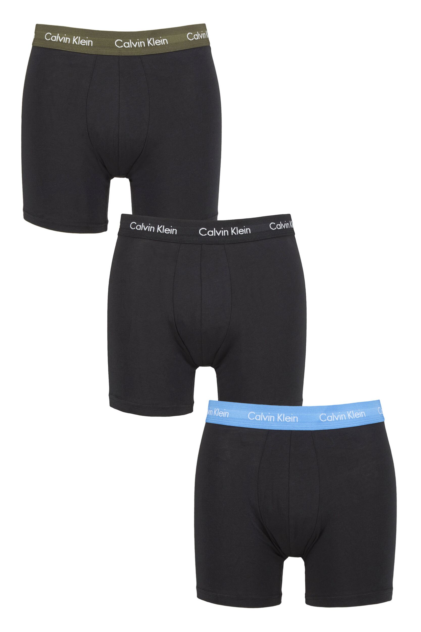 Mens 3 Pack Calvin Klein Cotton Stretch Longer Leg Trunks Dusk Green / Cophenhagen Blue / Black Extra Small