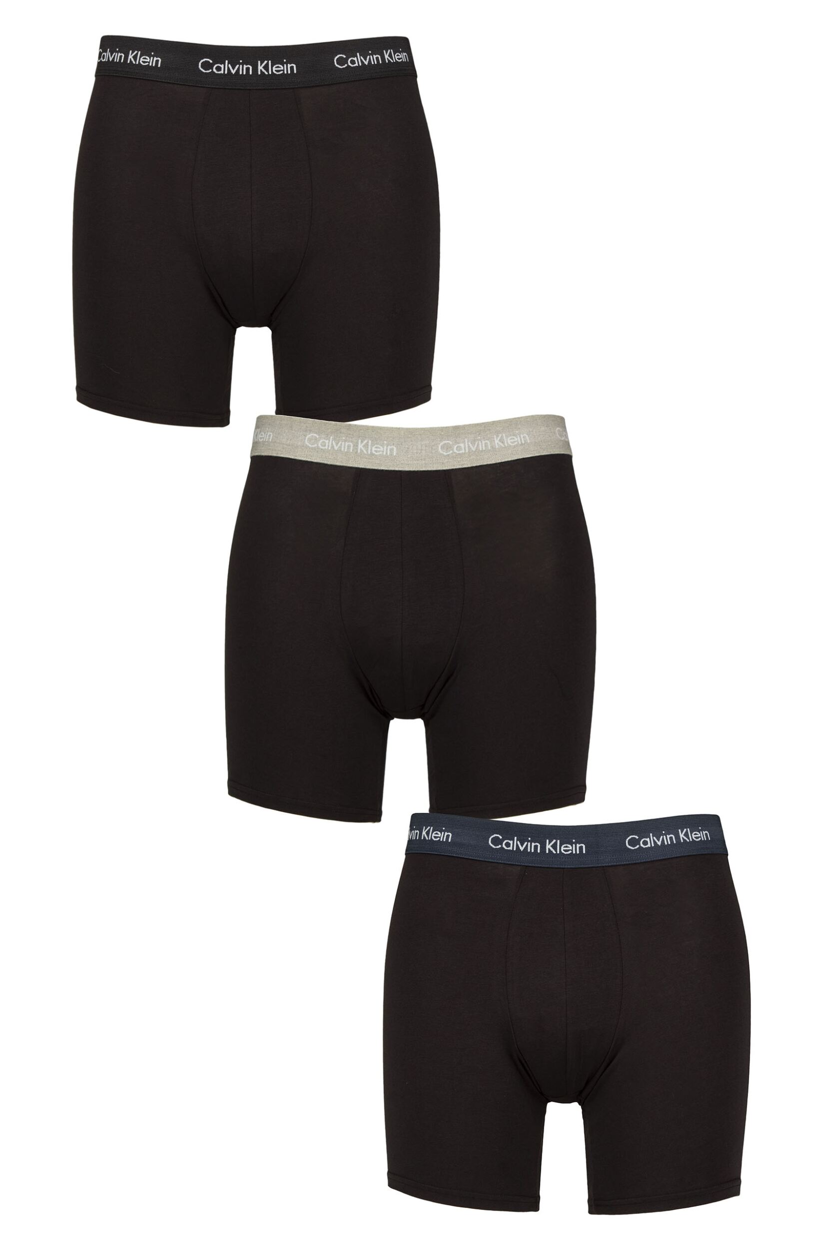 Mens 3 Pack Calvin Klein Cotton Stretch Longer Leg Trunks Black / Grey Heath / Navy Stone XS