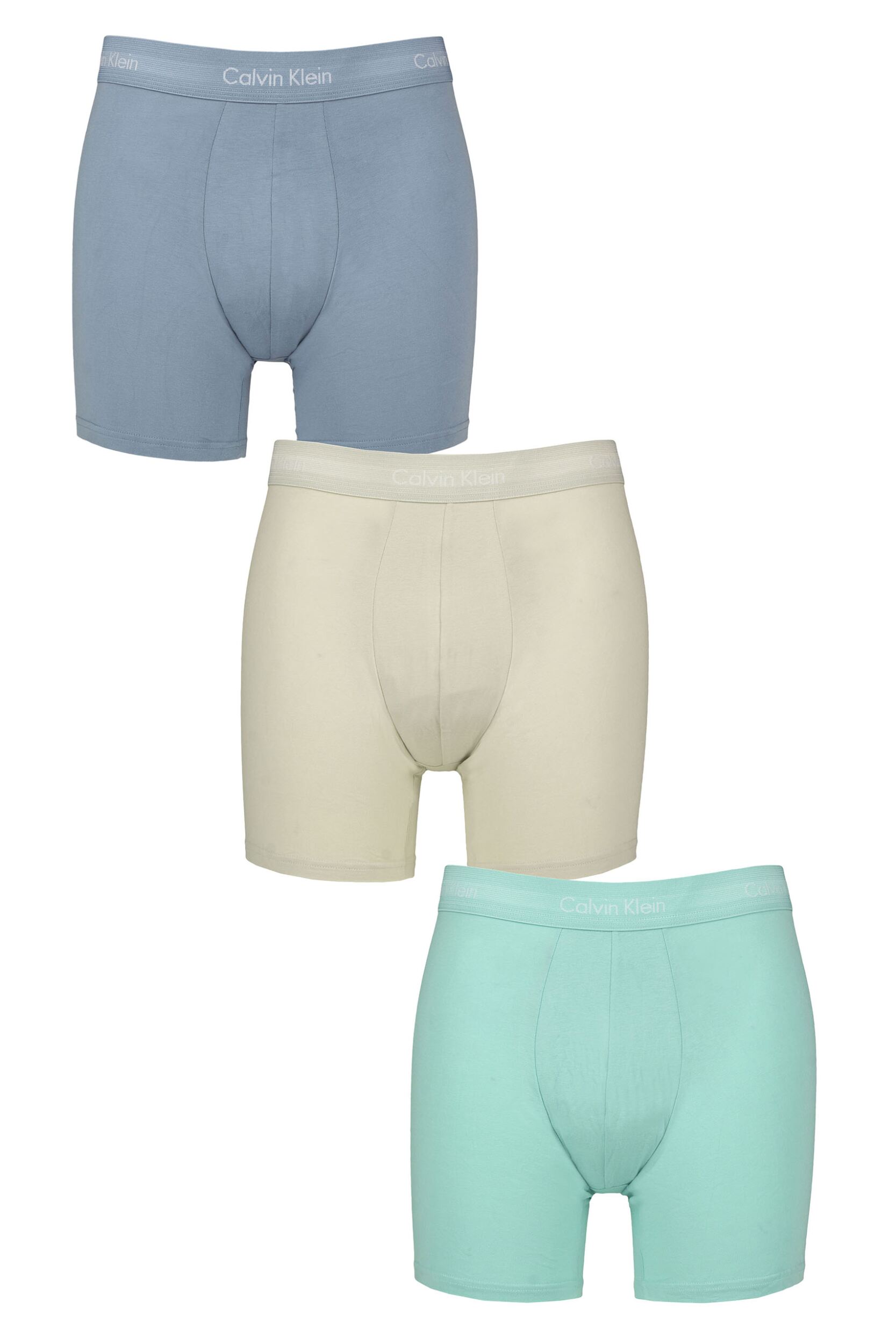 Mens 3 Pack Calvin Klein Cotton Stretch Longer Leg Trunks Faded Denim / Celadon Tint / Beau Blue M