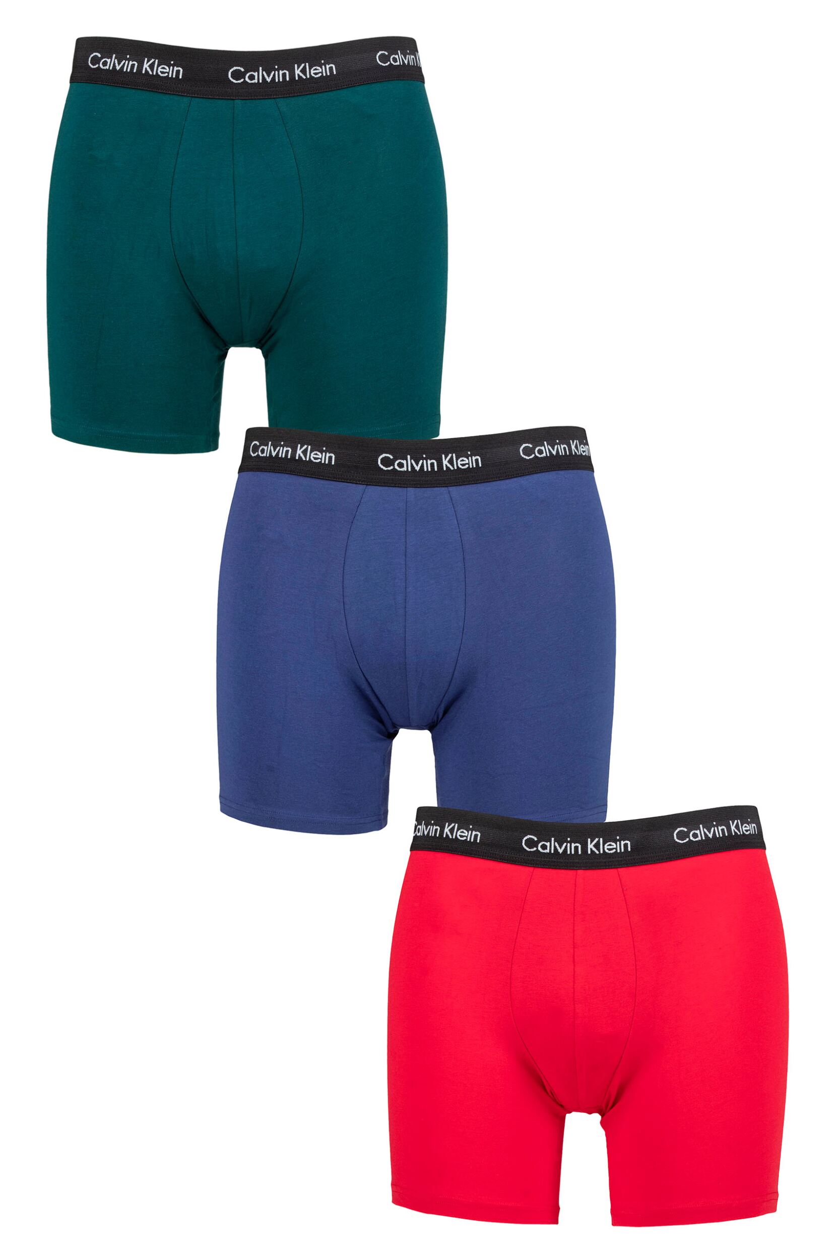 Mens 3 Pack Calvin Klein Cotton Stretch Longer Leg Trunks Maya Blue / Soft Grape / Rustic Red XS