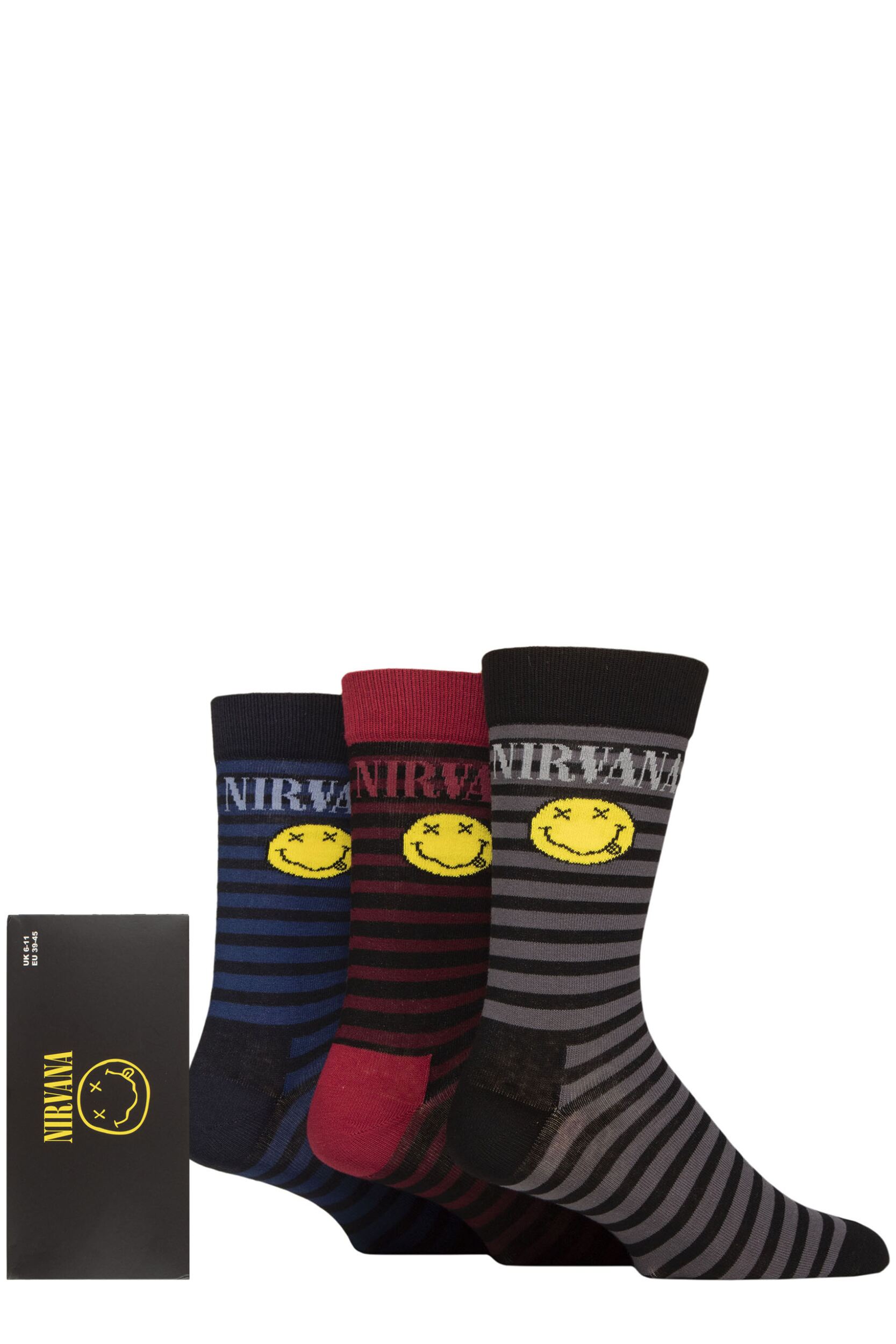 SOCKSHOP Music Collection 3 Pair Nirvana Gift Boxed Cotton Socks Smiley Stripes One Size