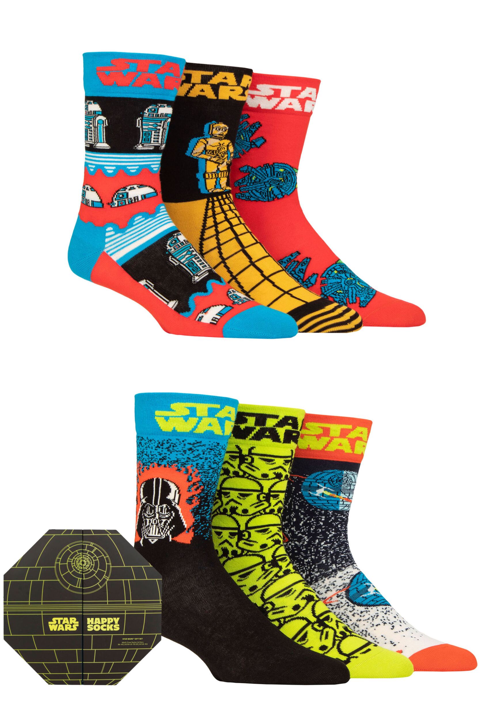 Happy Socks 6 Pair Star Wars Death Star Gift Boxed Cotton Socks Assorted 4-7 Unisex