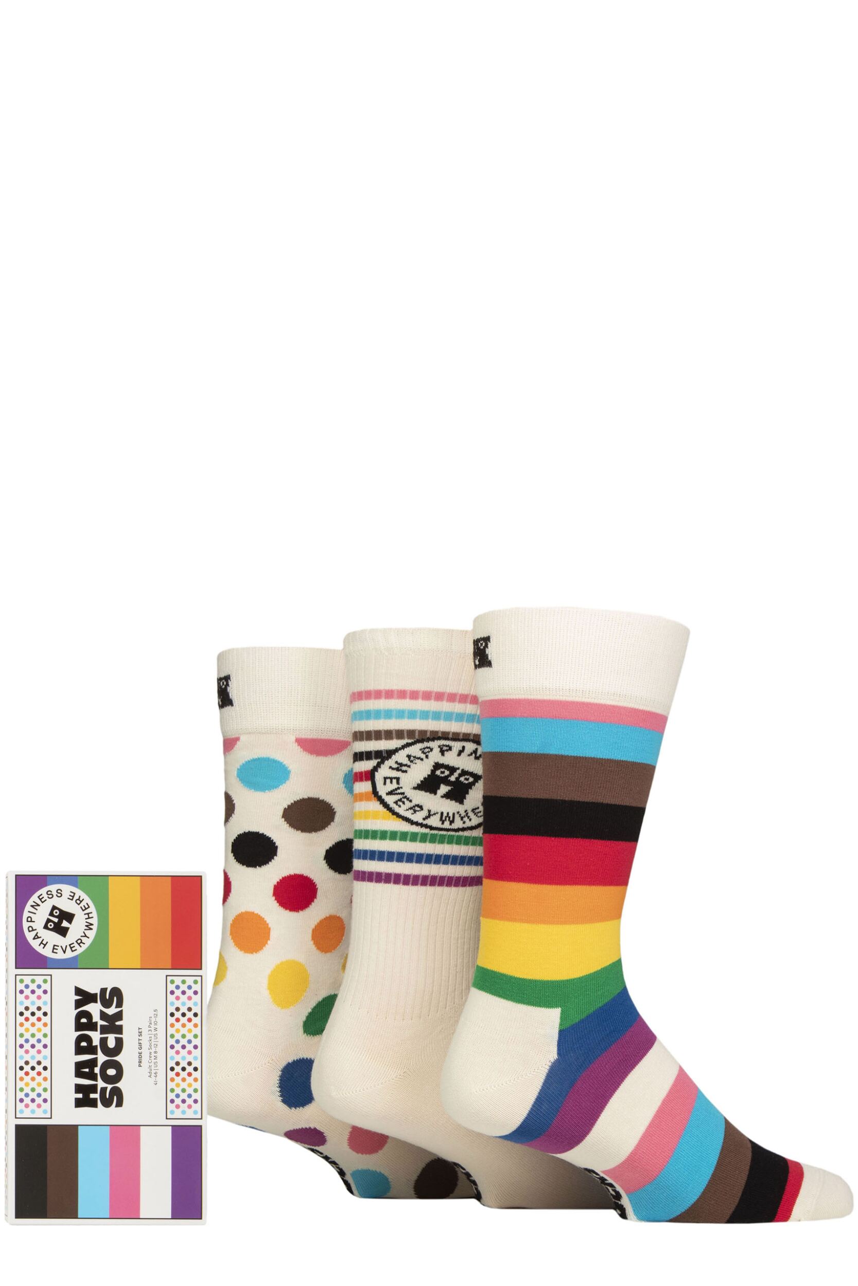 Mens and Women's 3 Pair Happy Socks Pride Gift Boxed Socks White 7.5-11.5 Unisex