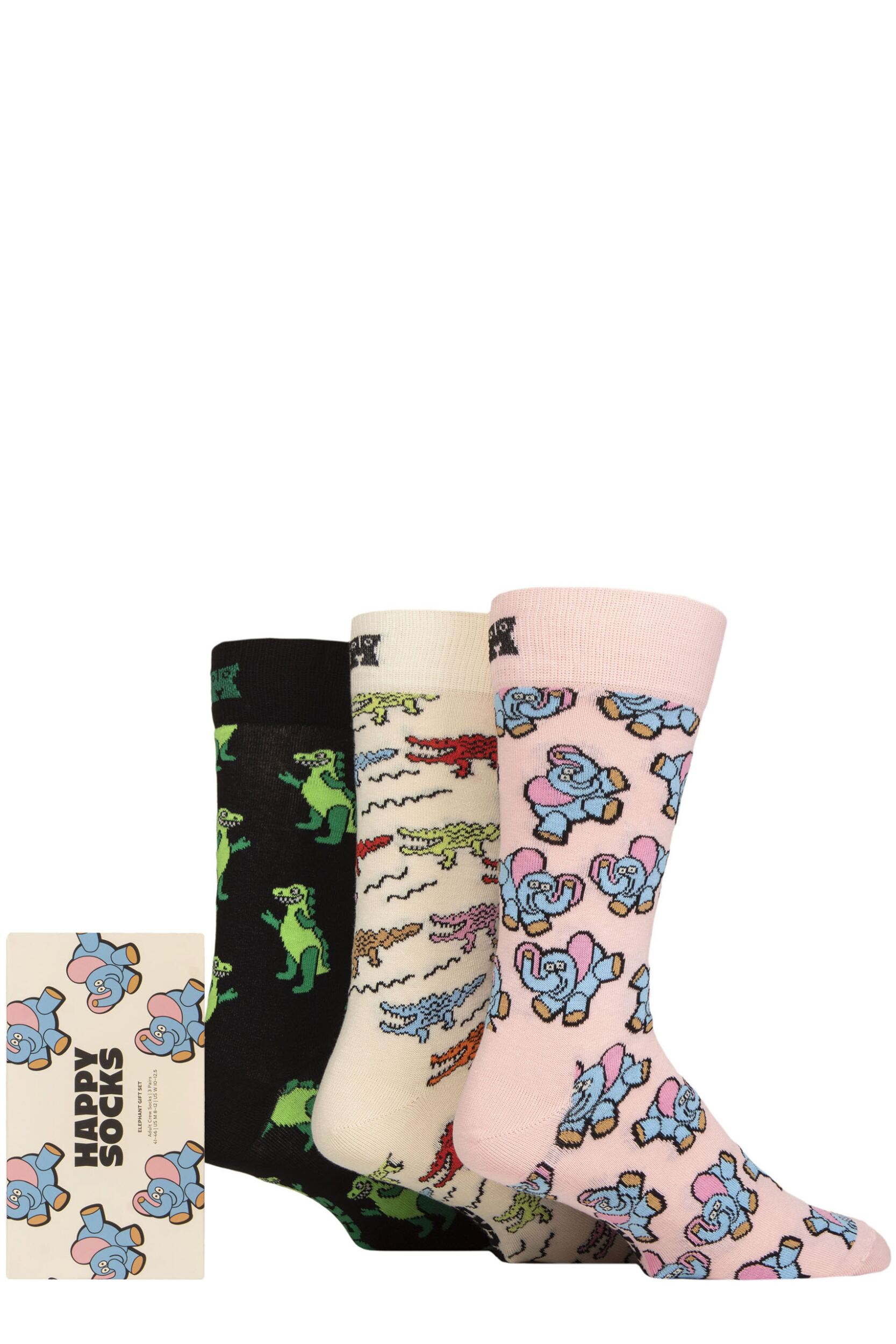 Mens and Women's 3 Pair Happy Socks Elephant Gift Boxed Socks Black 7.5-11.5 Unisex