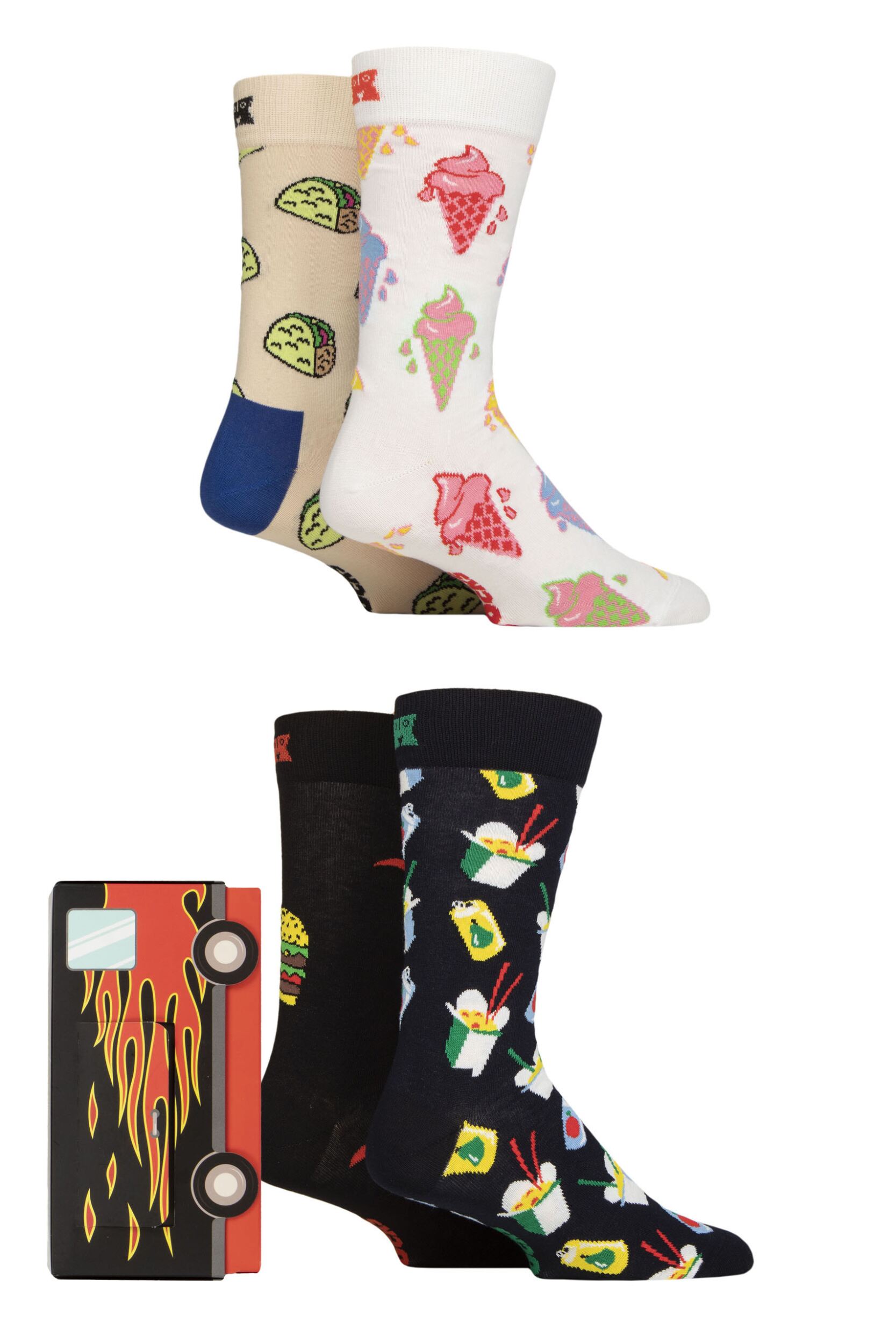 Mens and Women's 4 Pair Happy Socks Food Truck Gift Boxed Socks White 4-7 Unisex