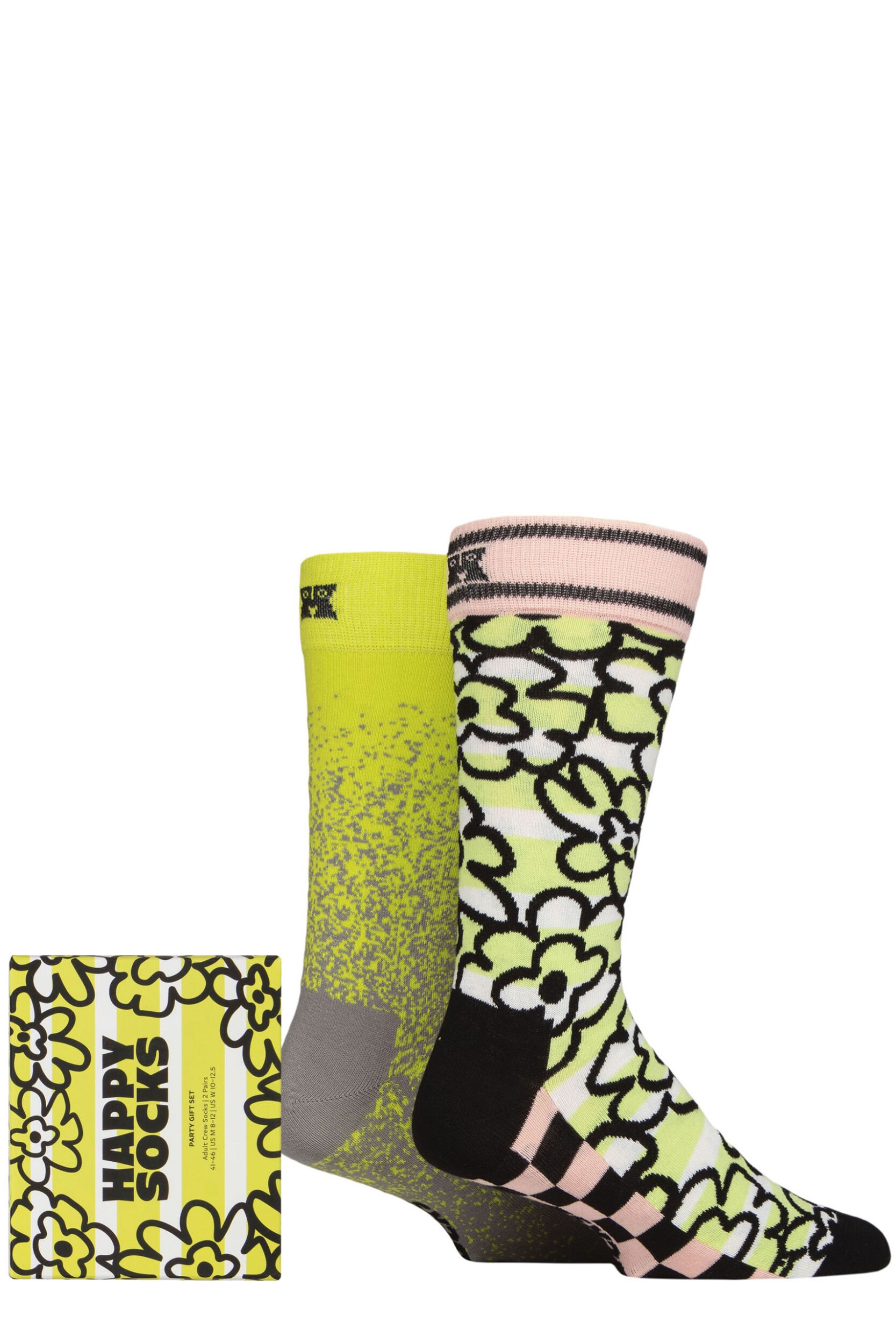 Mens and Women's 2 Pair Happy Socks Party Gift Boxed Socks Yellow 7.5-11.5 Unisex