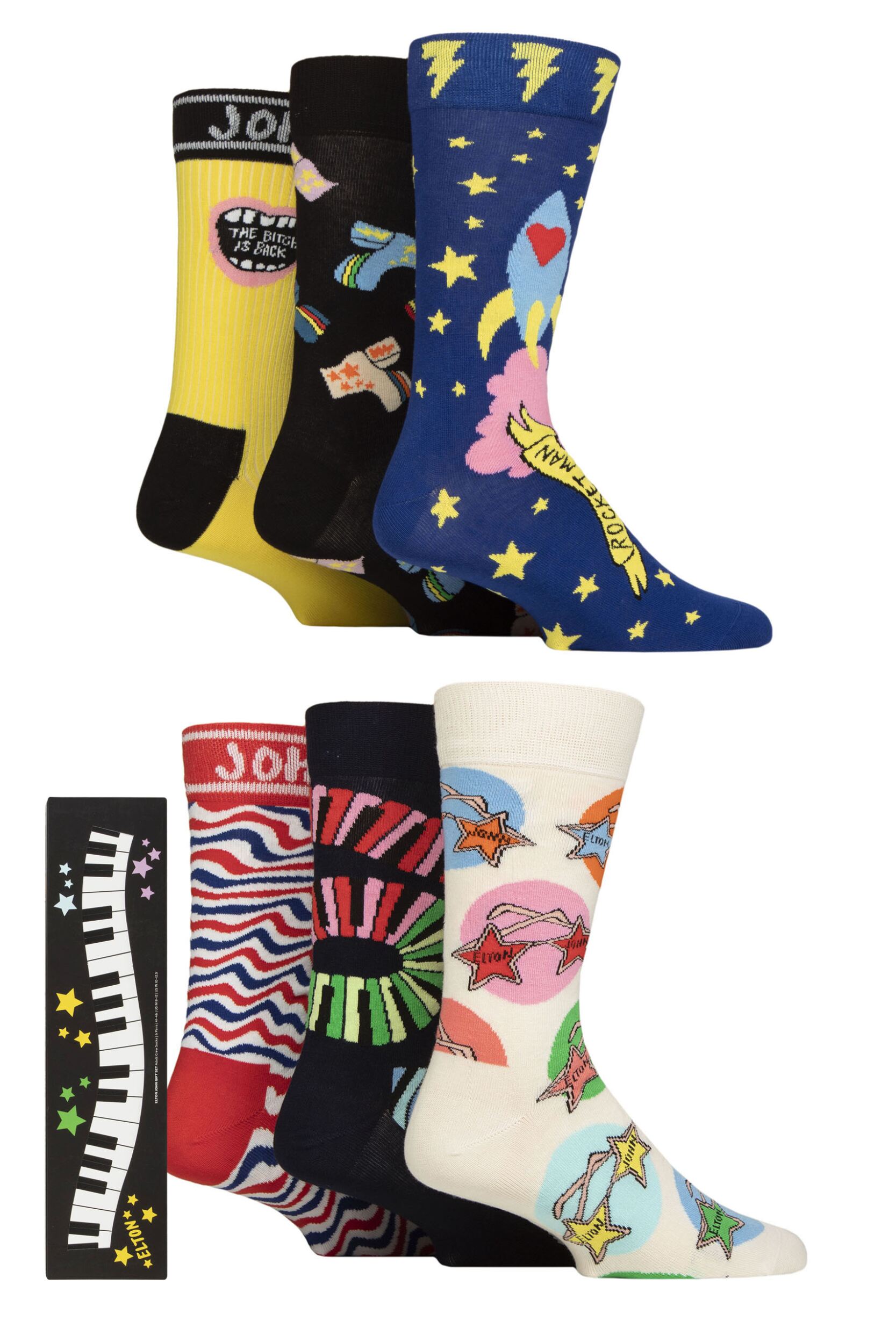 Mens and Women's 6 Pair Happy Socks Elton John Gift Boxed Socks Yellow 4-7 Unisex