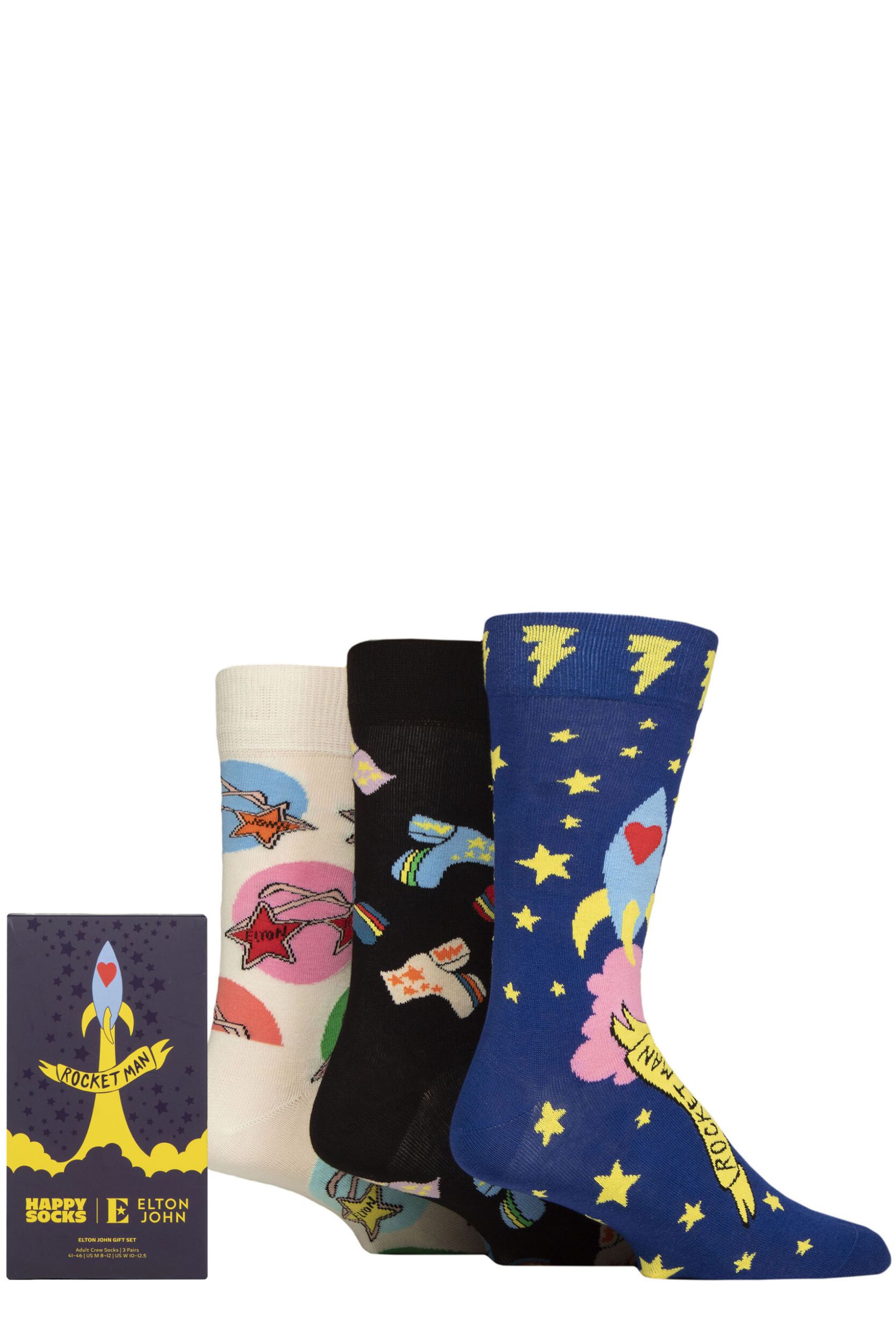 Mens and Women's 3 Pair Happy Socks Elton John Gift Boxed Socks Black 4-7 Unisex