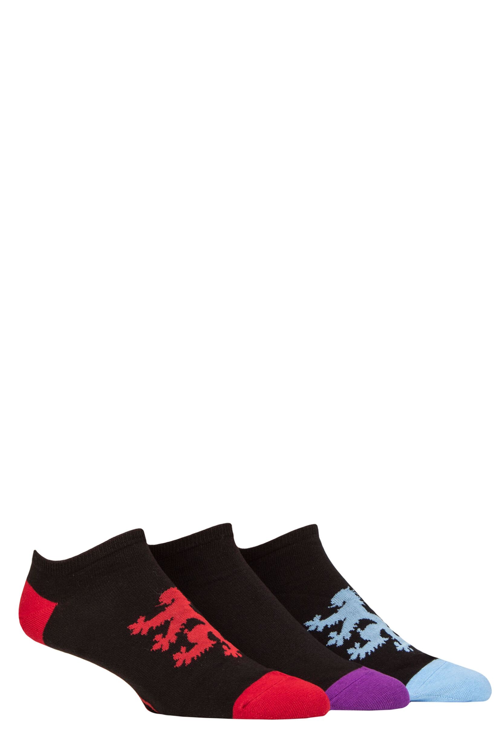Mens 3 Pair Pringle Plain and Patterned Cotton Secret Socks Logo Black Blue / Purple / Red UK 7-11