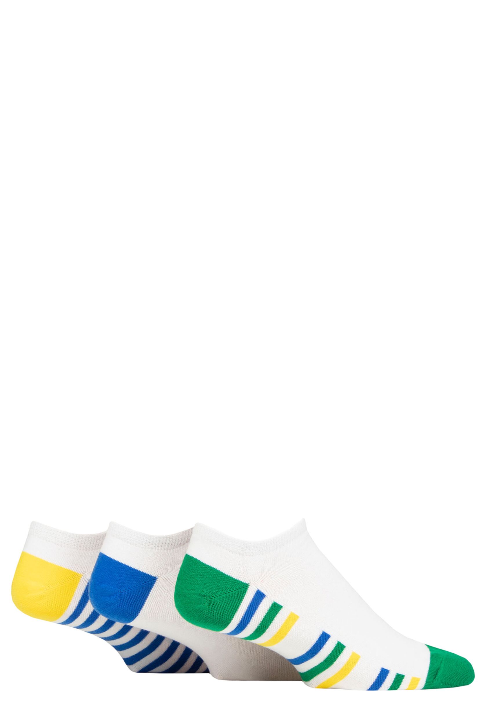 Image of Mens 3 Pair Pringle Plain and Patterned Cotton Secret Socks Sole Stripe White Green / Blue / Yellow UK 7-11