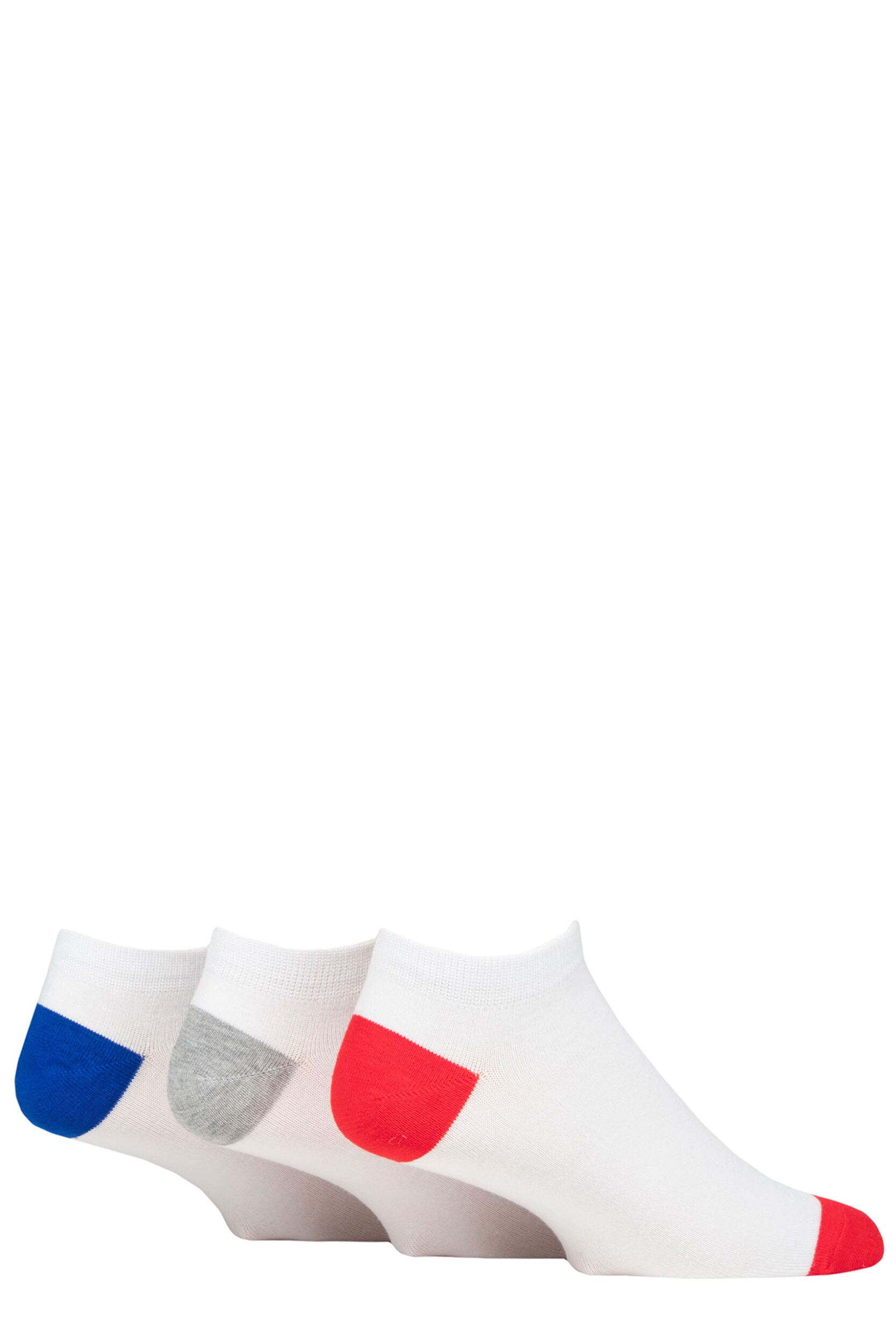 Mens 3 Pair Pringle Plain and Patterned Bamboo Trainer Socks White Blue / Grey / Red Heel & Toe 7-11 Mens