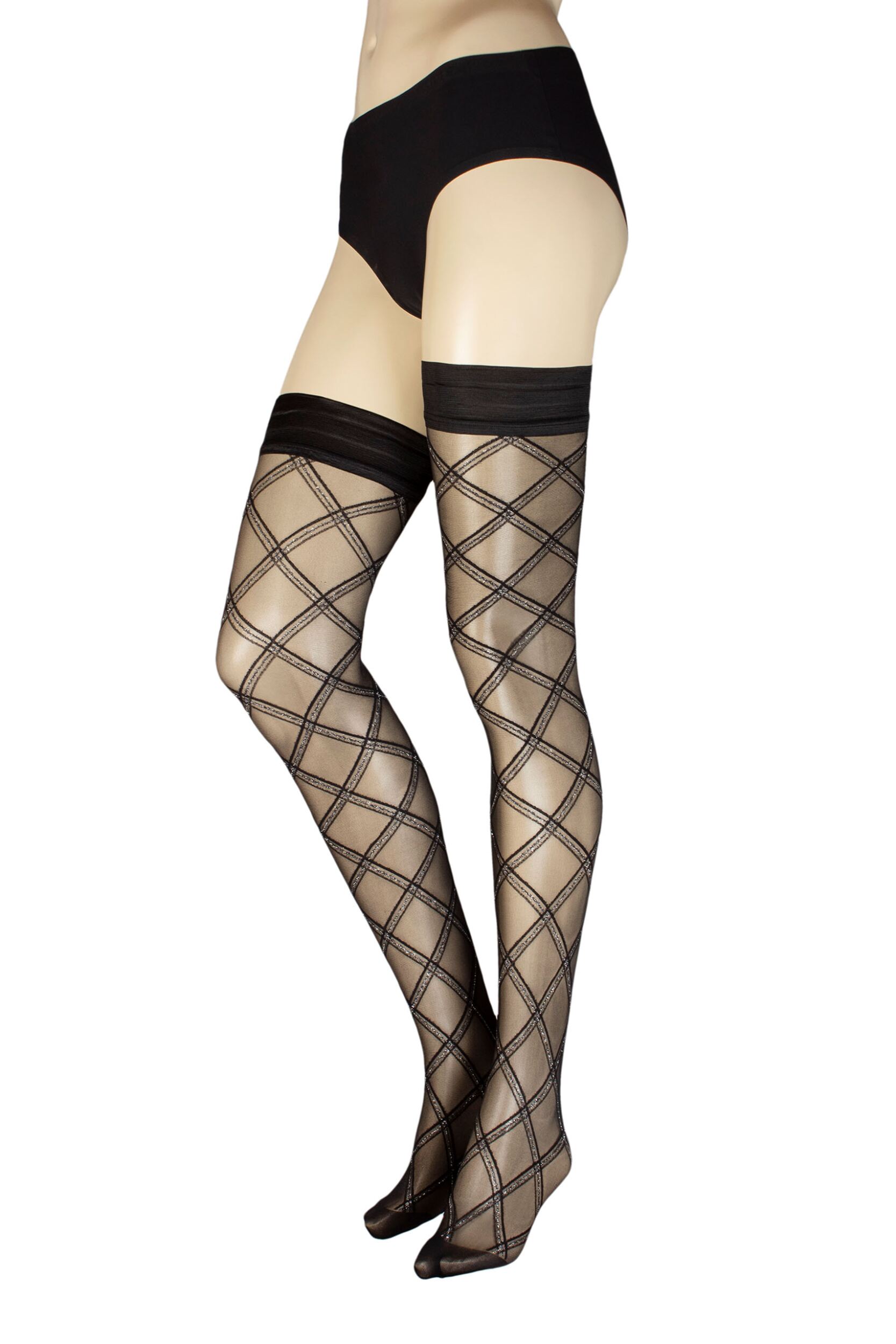 Women's 1 Pair Trasparenze Phuket Lurex Sparkle Diamond Check Hold Ups Black Small / Medium