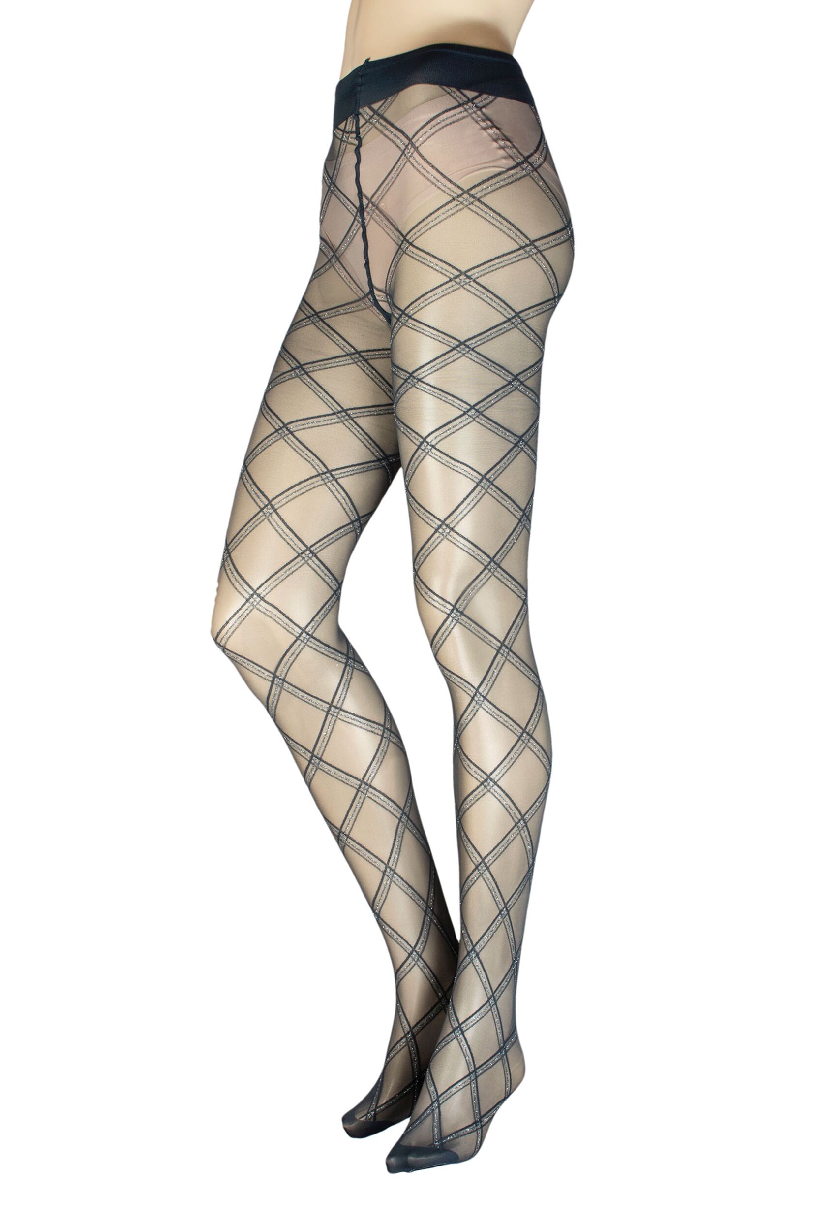 Women's 1 Pair Trasparenze Phuket Lurex Sparkle Diamond Check Tights Grey Large