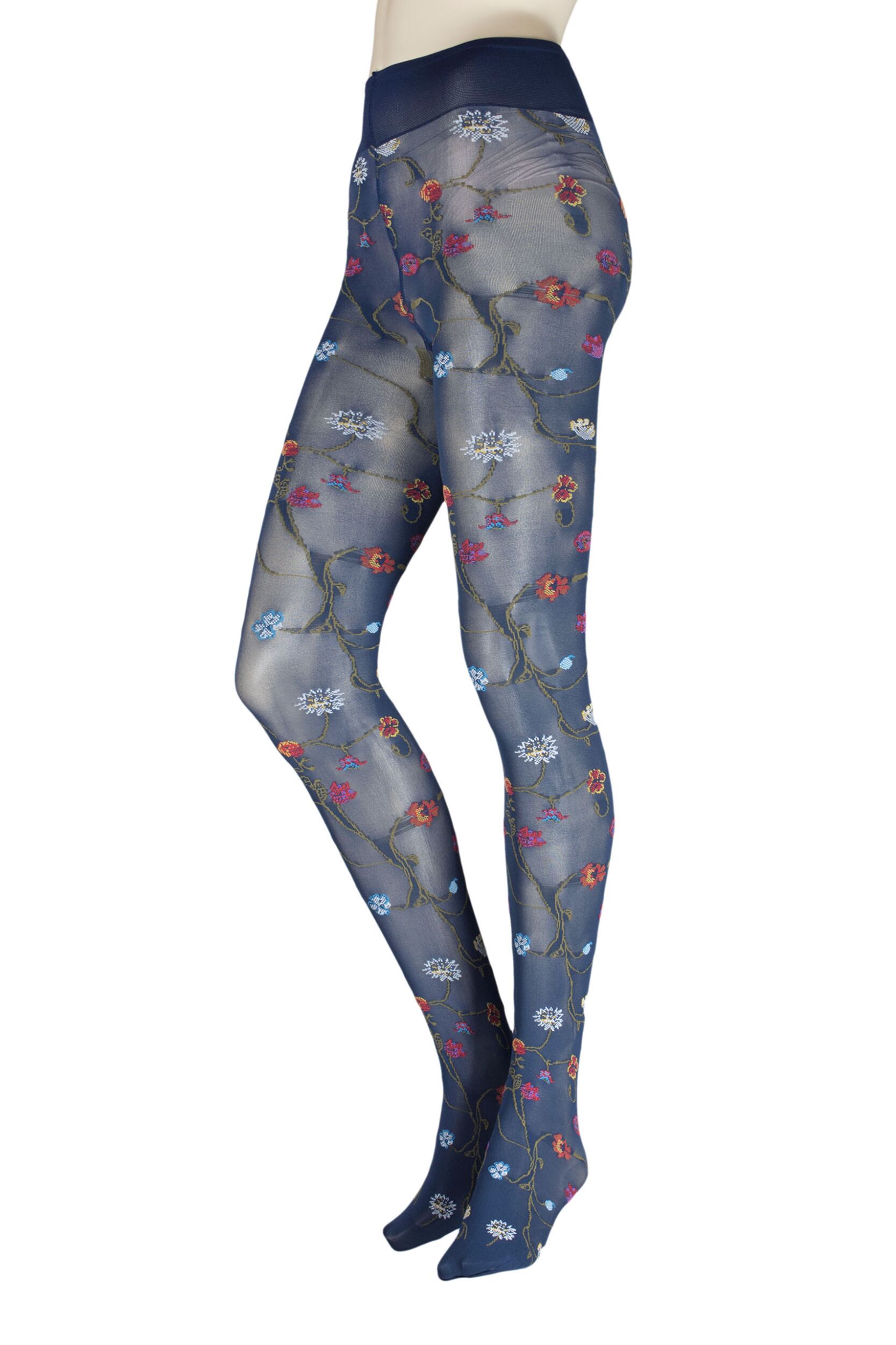 Image of Ladies  Pair Trasparenze Platino Floral Knit Opaque Tights Blue Extra Large