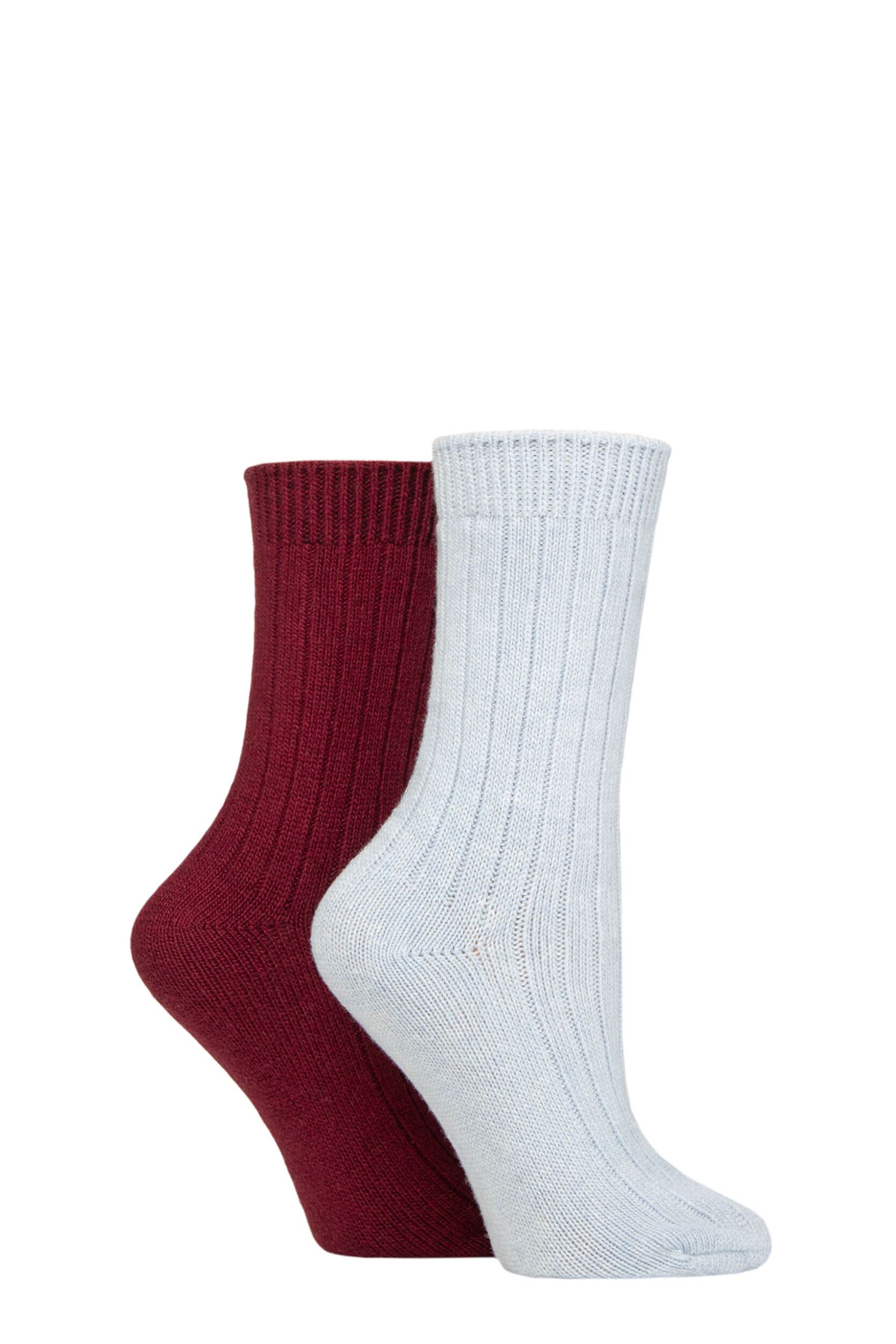 Women's 2 Pair SOCKSHOP Wildfeet Cashmere Socks Blue / Burgundy 4-8 Ladies