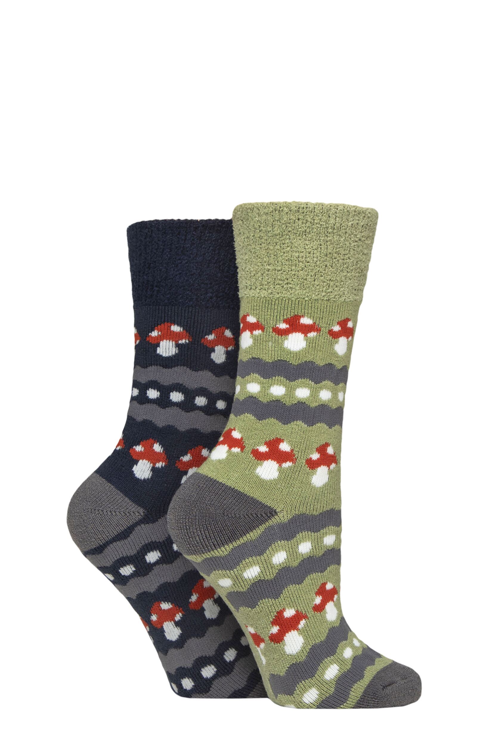 Women's 2 Pair SOCKSHOP Wildfeet Thermal Socks Green / Navy Mushrooms 4-8 Women's