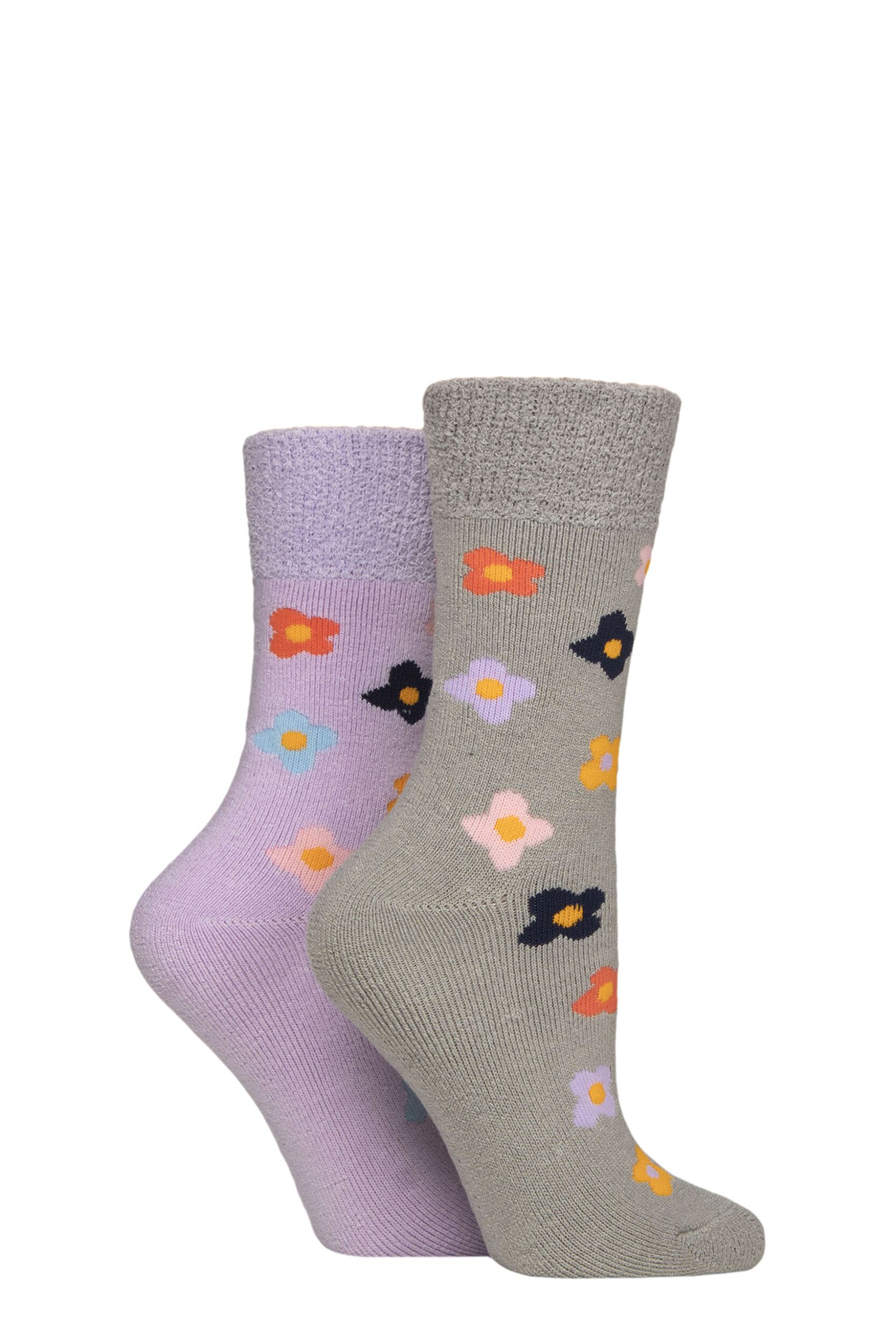 Women's 2 Pair SOCKSHOP Wildfeet Thermal Socks Grey / Purple Floral 4-8 Women's
