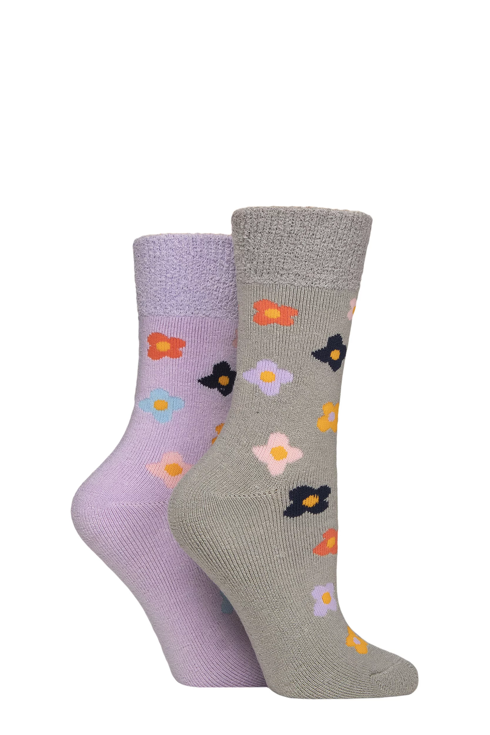 Women's 2 Pair SOCKSHOP Wildfeet Thermal Socks Grey / Purple Floral 4-8 Women'