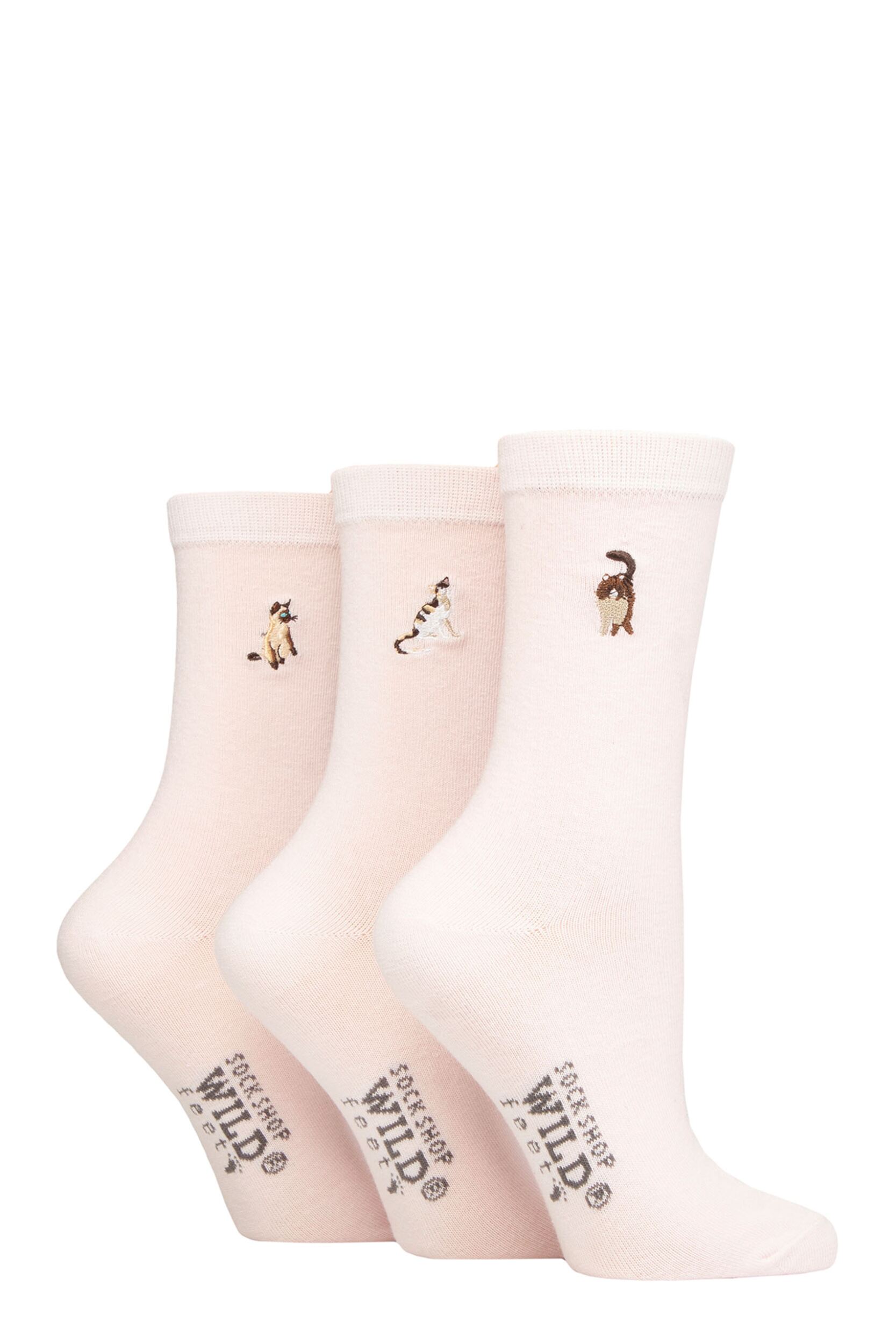 Women's 3 Pair SOCKSHOP Wildfeet Embroidered Socks Pink Cats 4-8