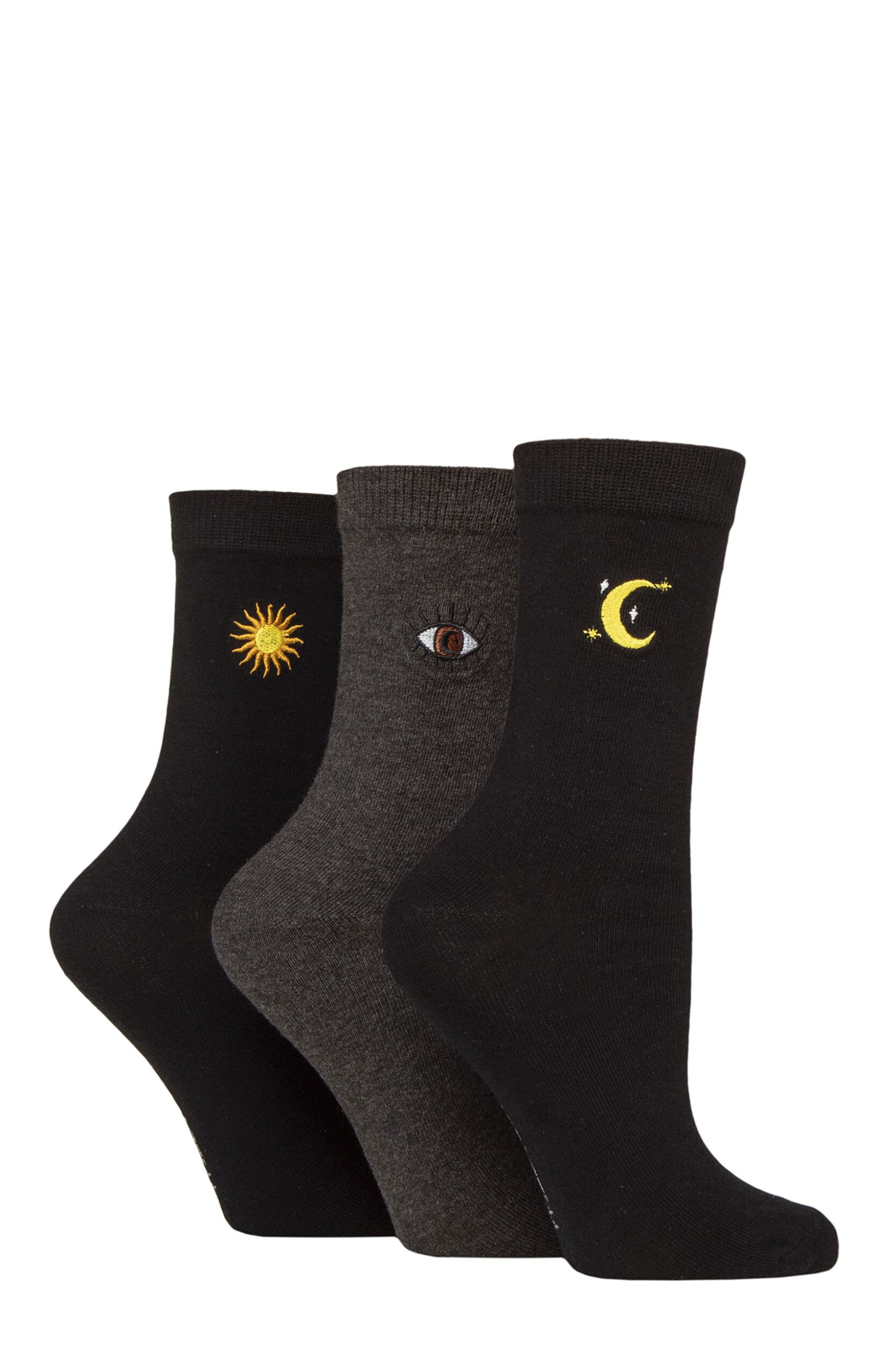 Women's 3 Pair SOCKSHOP Wildfeet Embroidered Socks Star / Eye / Sun 4-8 Women's