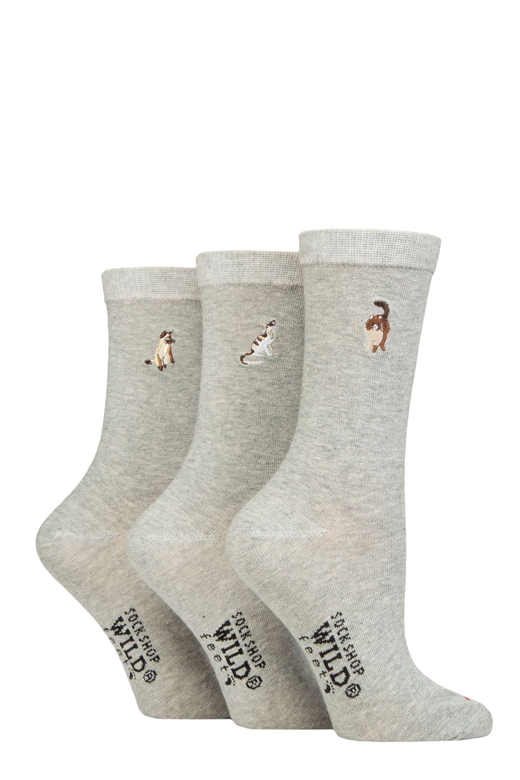 Women's 3 Pair SOCKSHOP Wildfeet Embroidered Socks Grey Cats 4-8