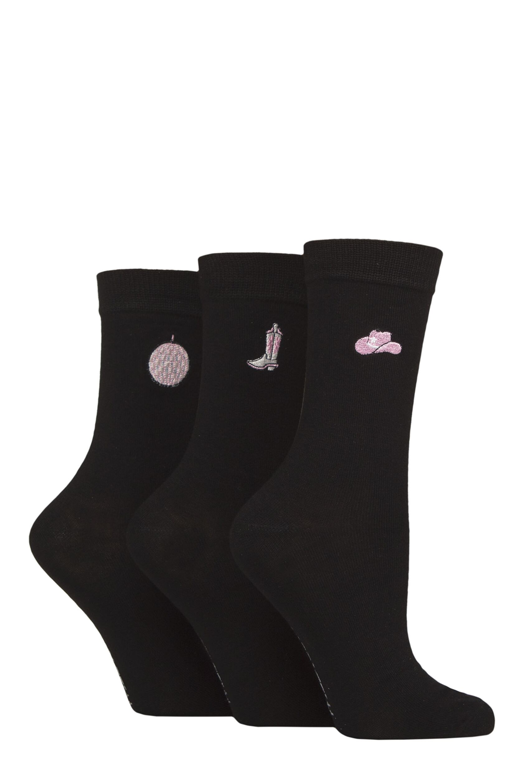 Women's 3 Pair SOCKSHOP Wildfeet Bamboo Embroidered Crew Socks Cowgirl Hat / Boots / Disco Ball 4-8 Women's