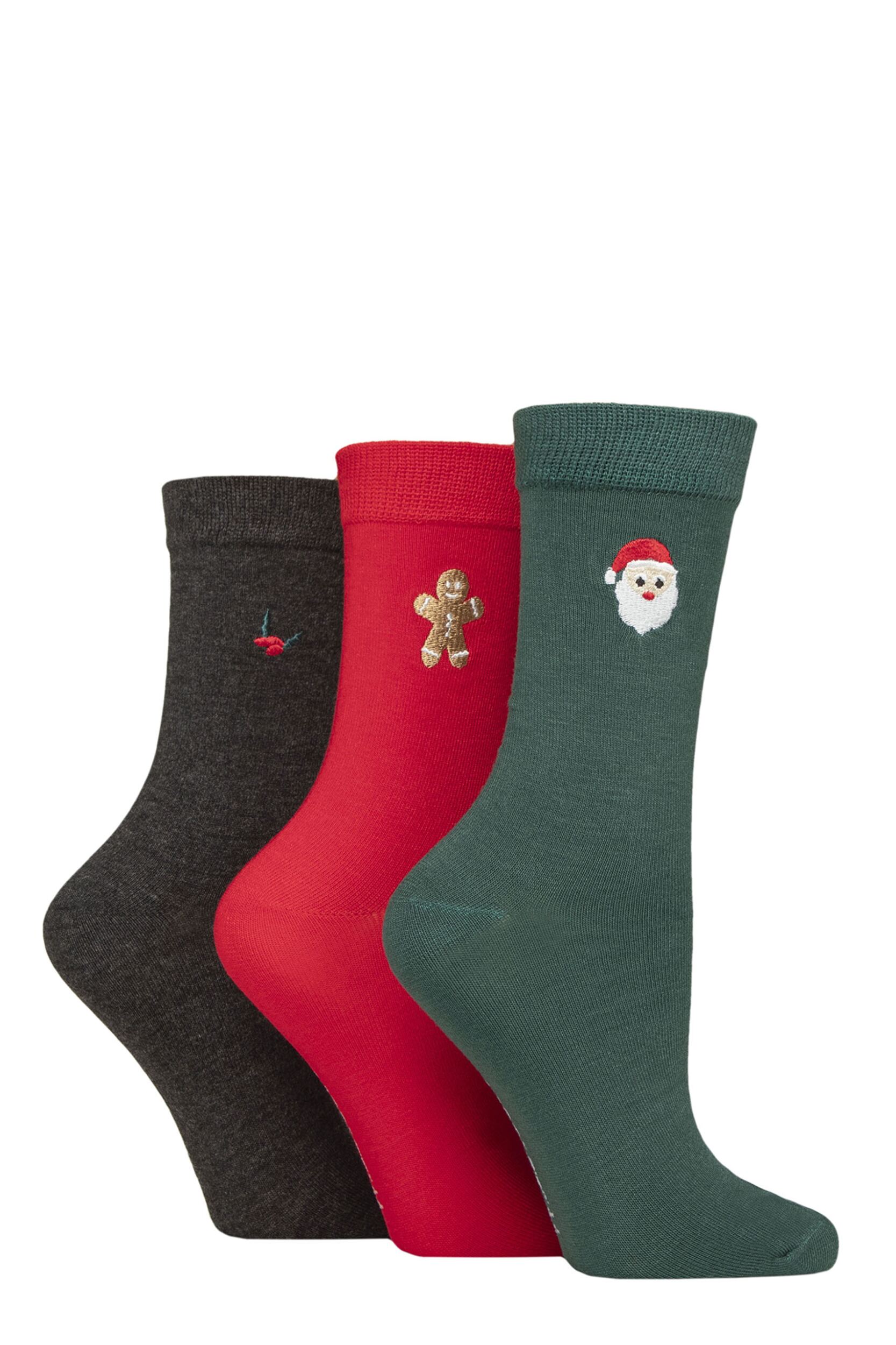 Women's 3 Pair SOCKSHOP Wildfeet Bamboo Embroidered Christmas Socks Santa / Gingerbread / Holly 4-8 Women's
