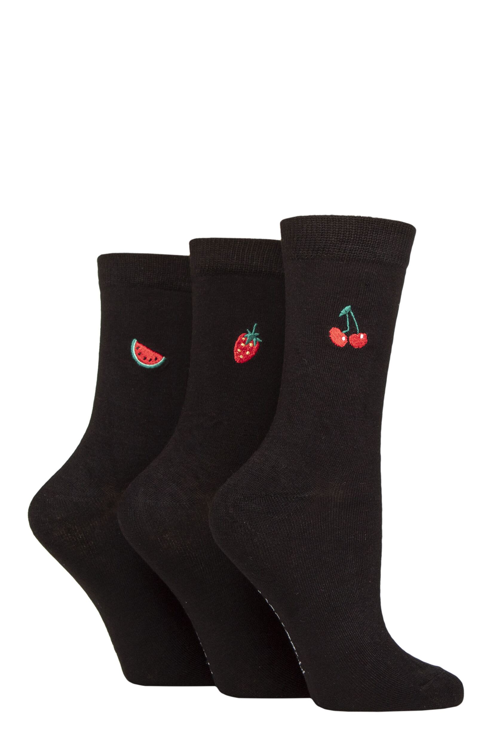 Women's 3 Pair SOCKSHOP Wildfeet Bamboo Embroidered Crew Socks Fruits 4-8