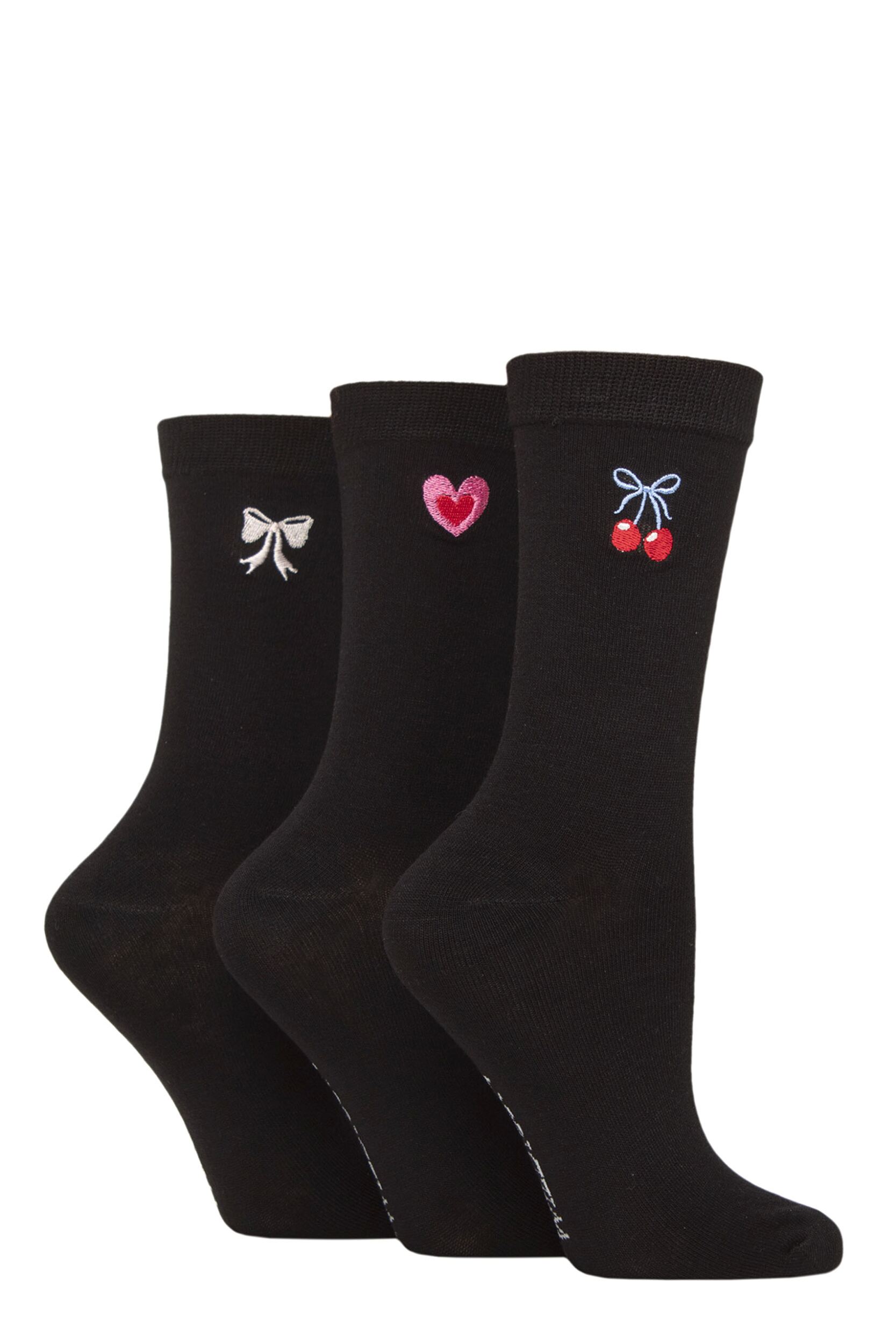 Women’s 3 Pair SOCKSHOP Wildfeet Bamboo Embroidered Crew Socks Cherry Bow 4-8