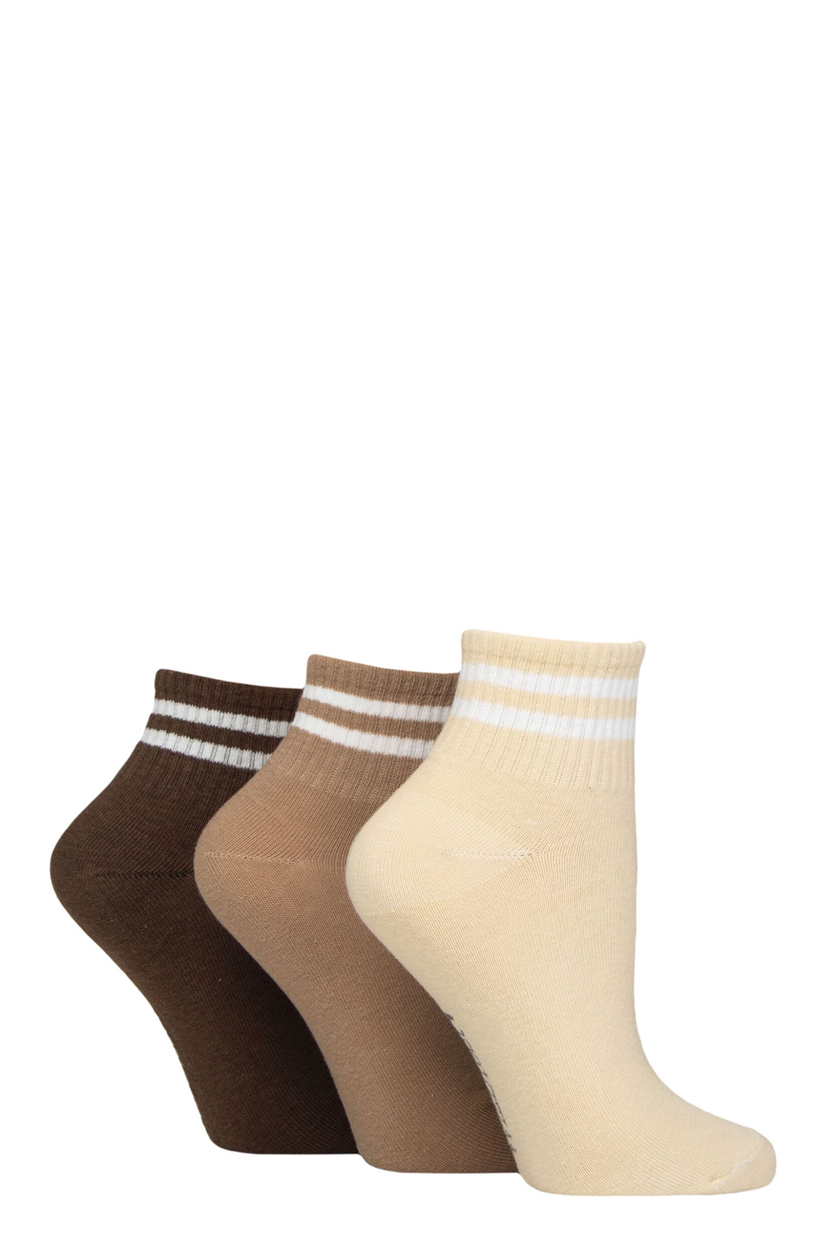 Women's 3 Pair SOCKSHOP Wildfeet Plain Mid Cut Ribbed Crew Socks Beige / Brown 4-8