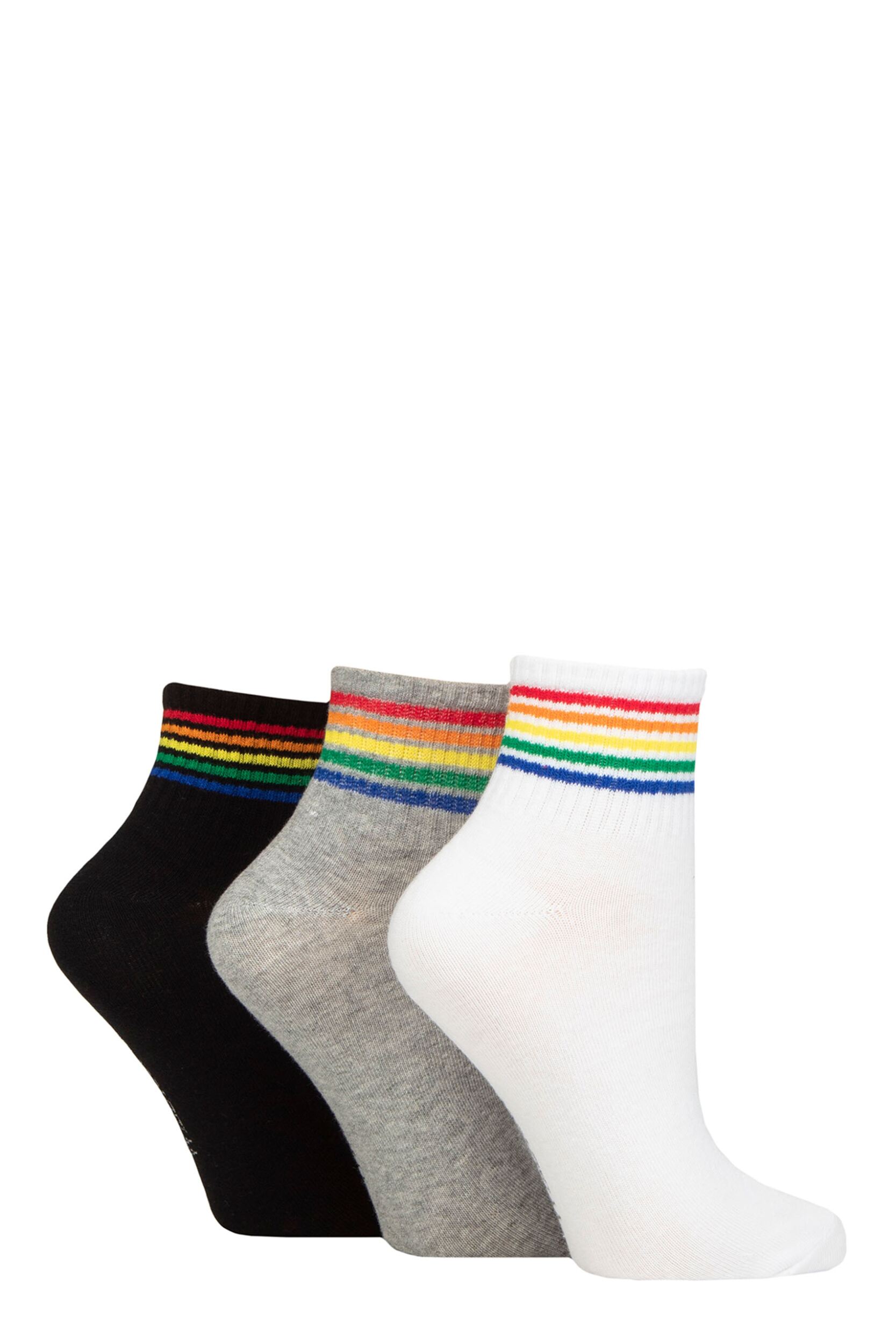 Women's 3 Pair SOCKSHOP Wildfeet Plain Mid Cut Ribbed Crew Socks White / Grey / Black Rainbow 4-8
