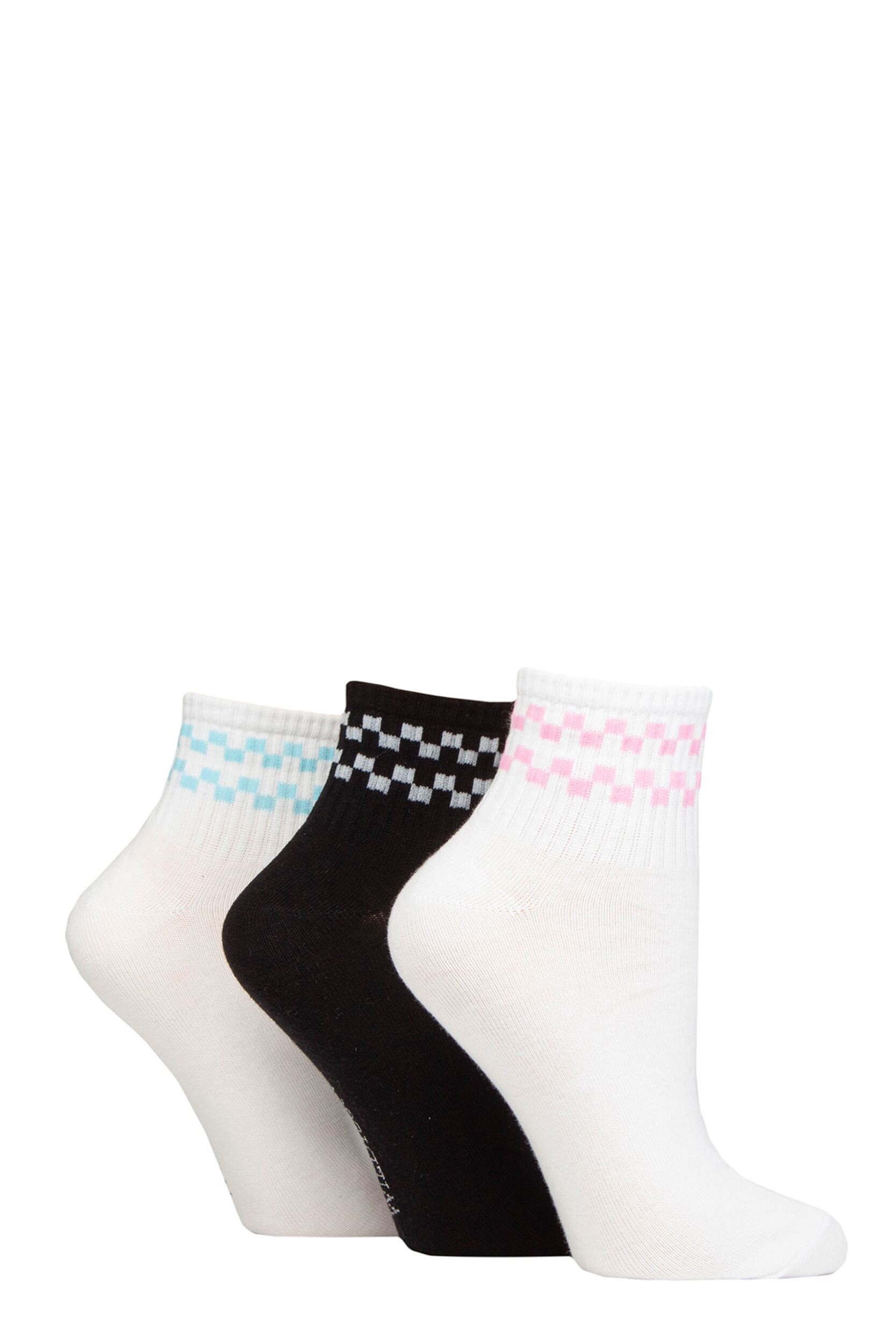 Women's 3 Pair SOCKSHOP Wildfeet Plain Mid Cut Ribbed Crew Socks White / Black Checker 4-8