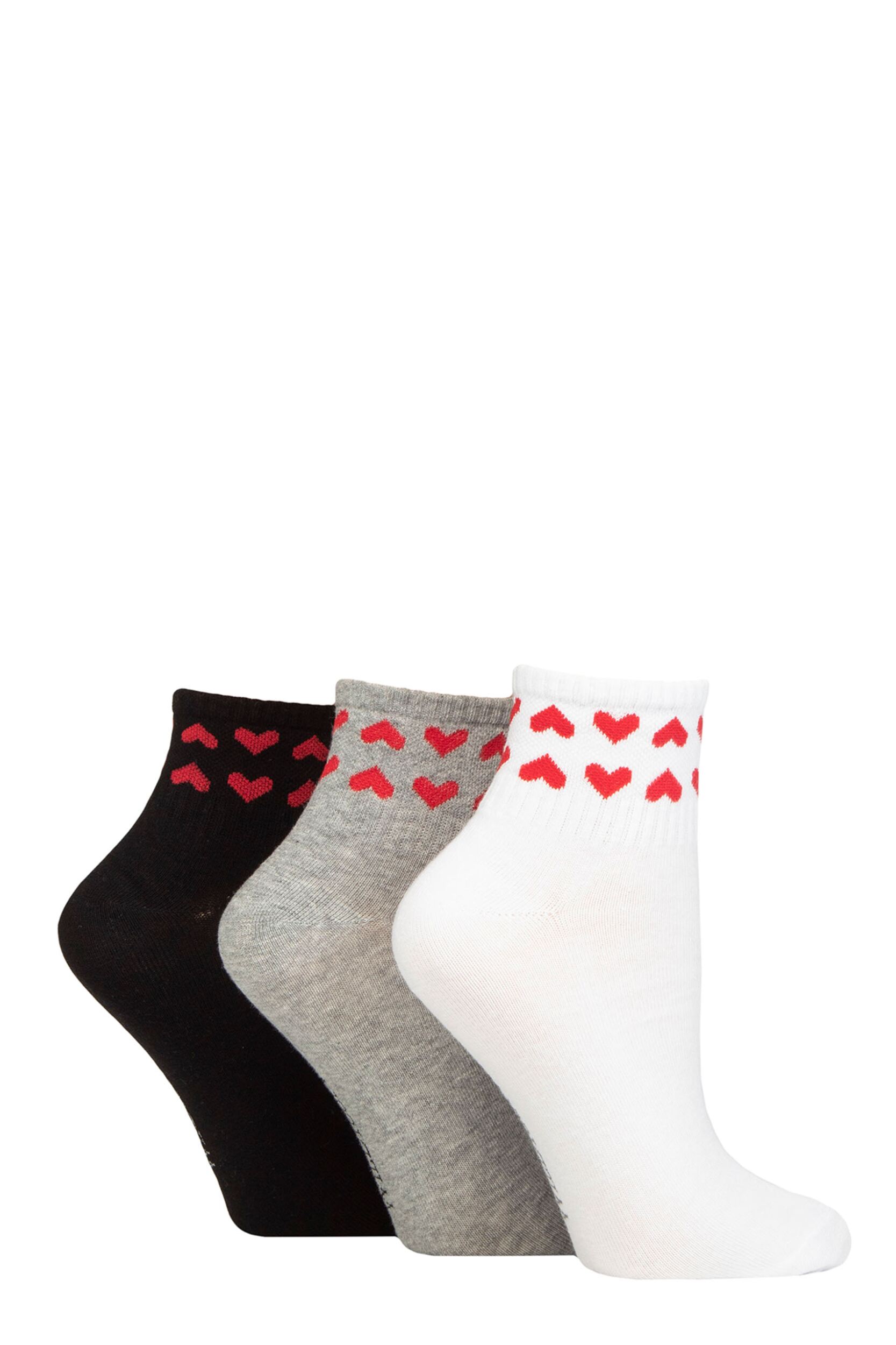 Women's 3 Pair SOCKSHOP Wildfeet Plain Mid Cut Ribbed Crew Socks White / Grey / Black Hearts 4-8