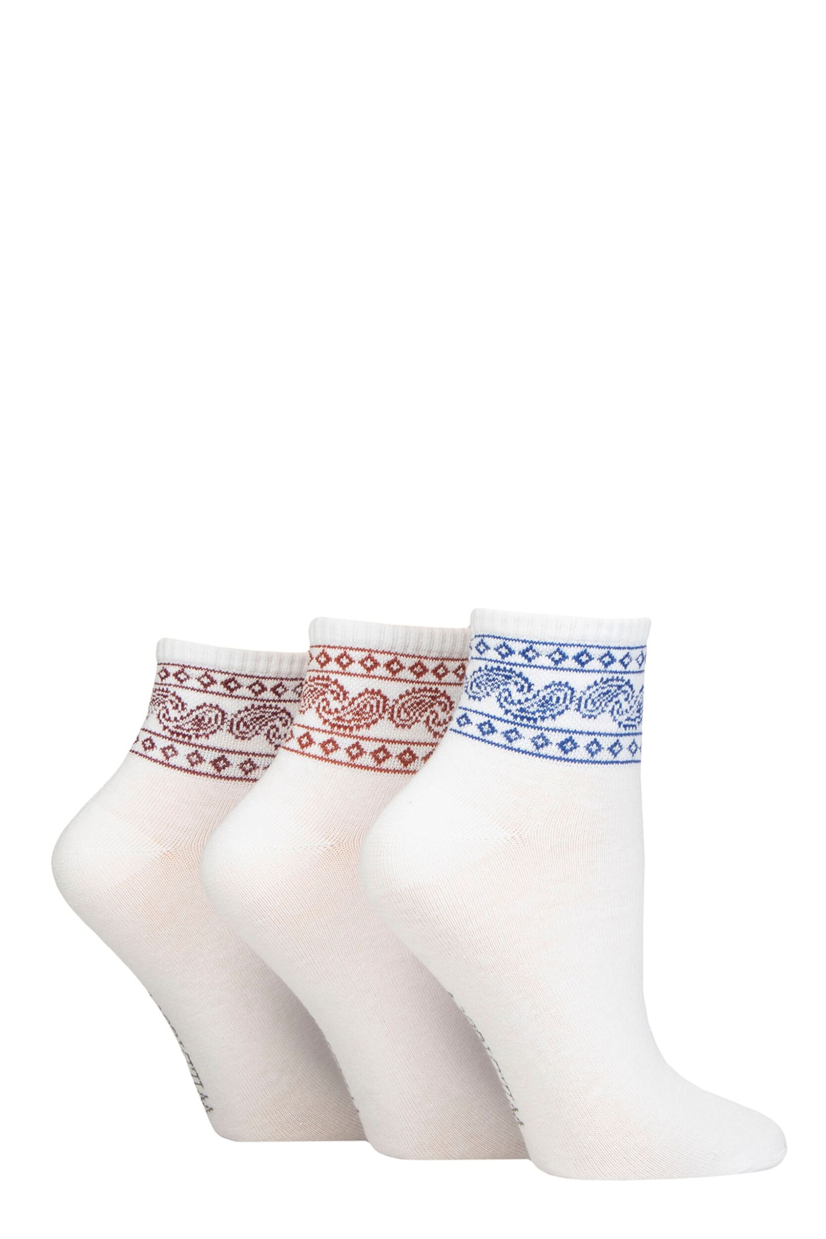 Women's 3 Pair SOCKSHOP Wildfeet Plain Mid Cut Ribbed Crew Socks White Paisley 4-8