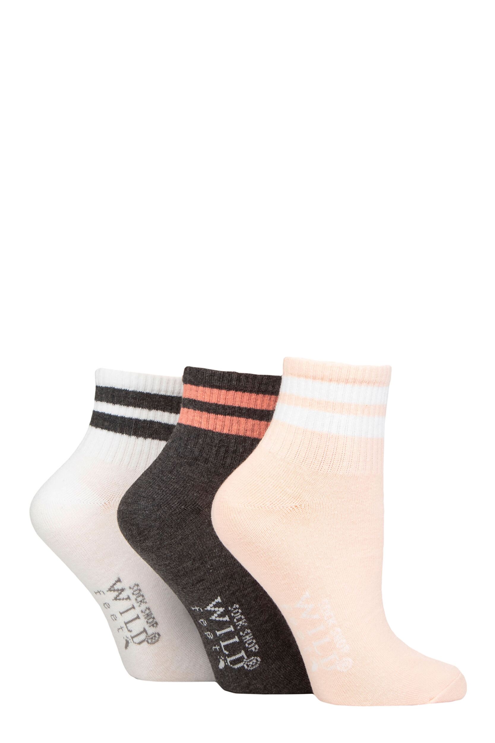 Women's 3 Pair SOCKSHOP Wildfeet Plain Mid Cut Ribbed Crew Socks Pink / Charcoal / White 4-8 UK